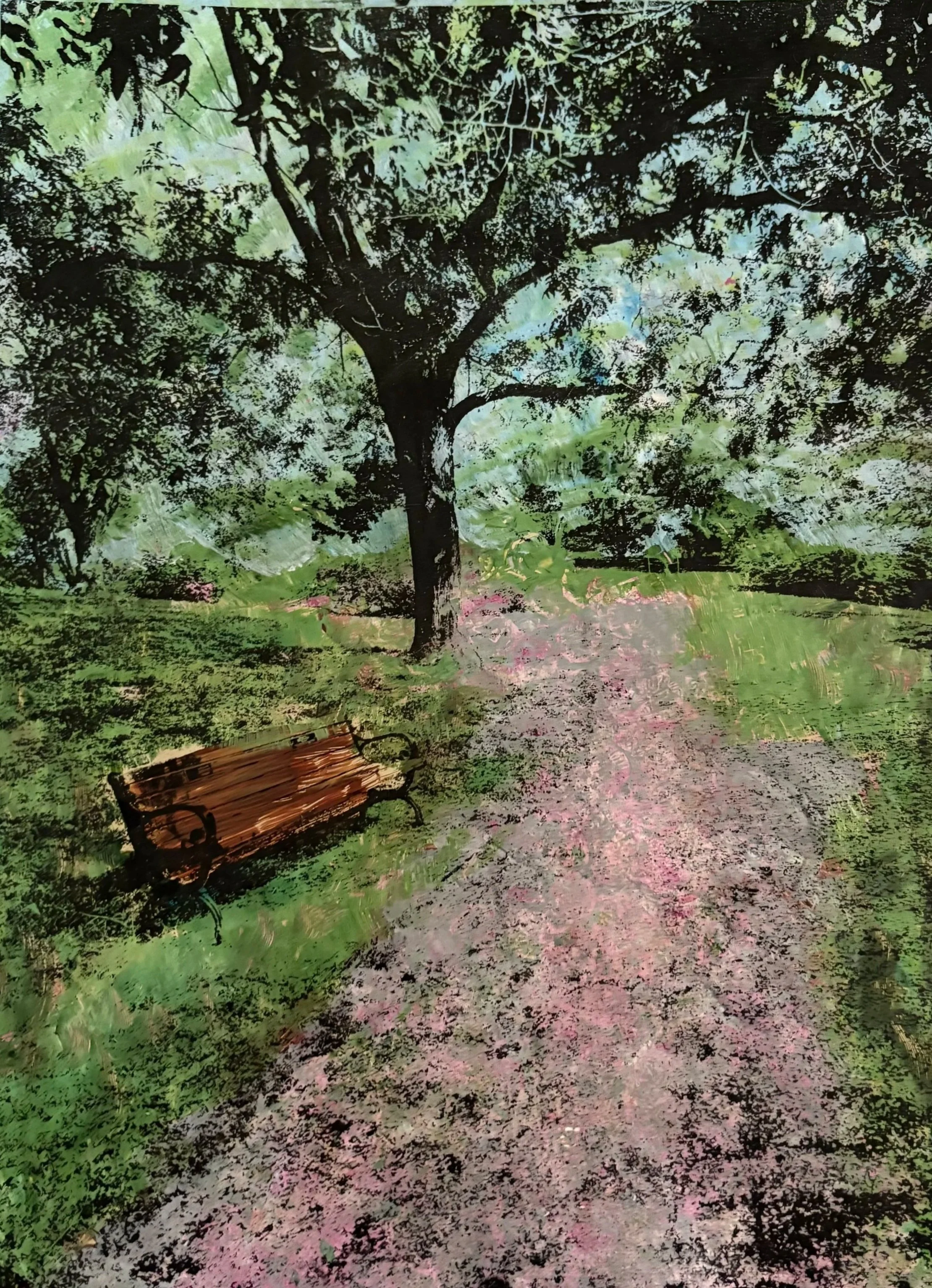 A park scene with a large tree, a wooden bench, and a pathway, illustrated with a painted or artistic effect.