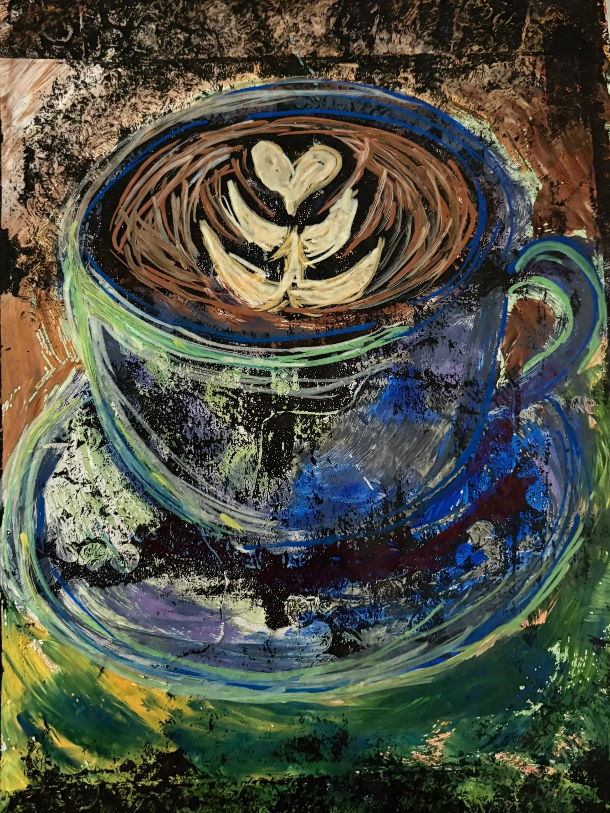 Abstract painting with swirling lines and a heart shape in the center, using colors like green, blue, black, brown, and cream.