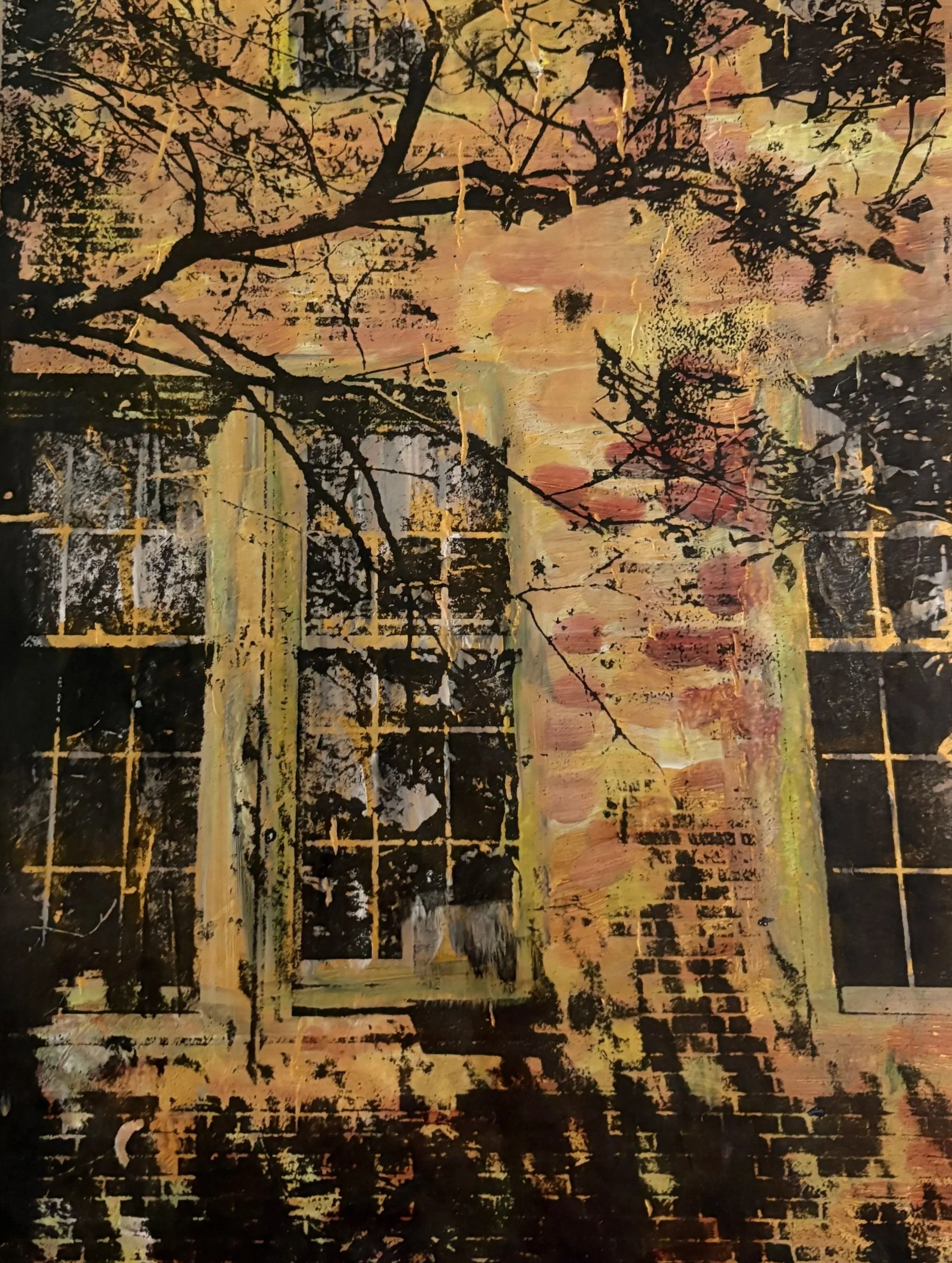 Abstract painting featuring a yellow and orange background with black tree branches and a grid pattern overlay.