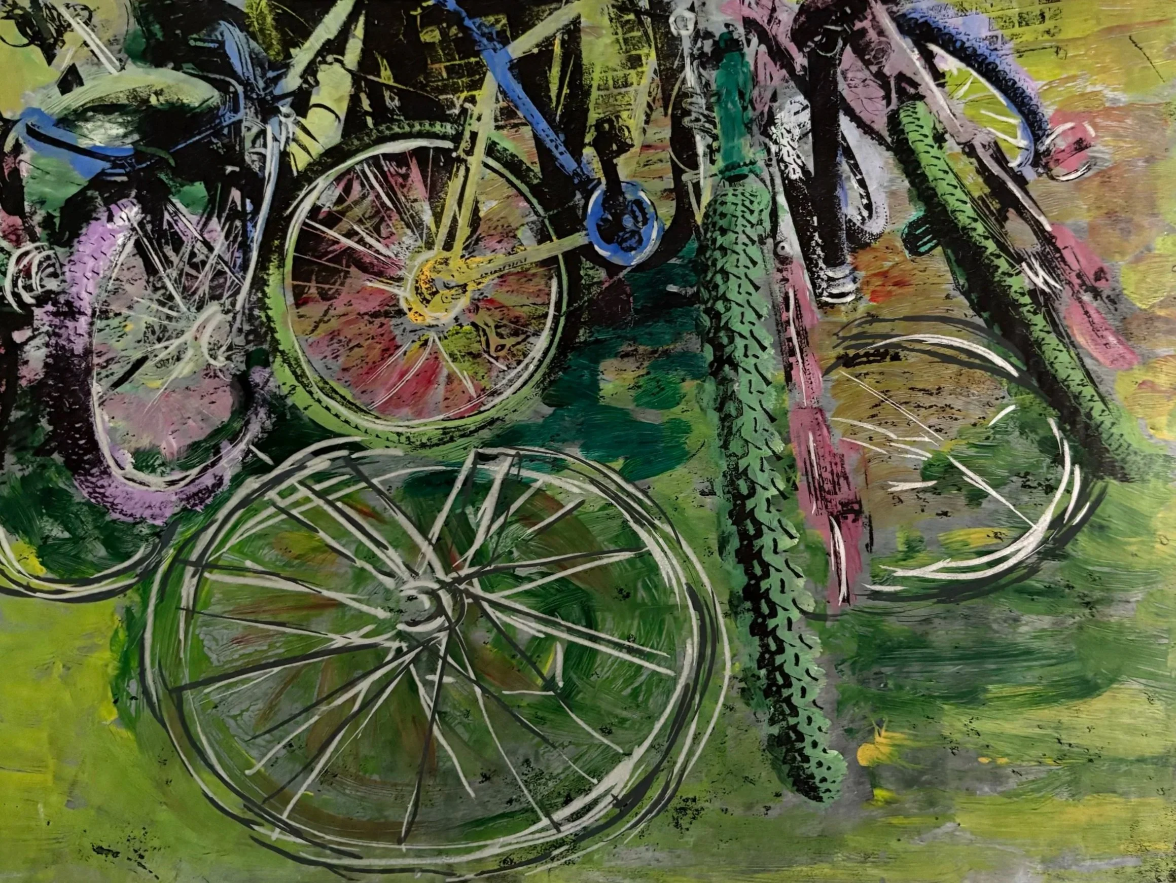 A colorful, abstract painting of multiple bicycles with bright green, pink, yellow, purple, and black colors, featuring various bike frames, wheels, and tires, set against a leafy background.