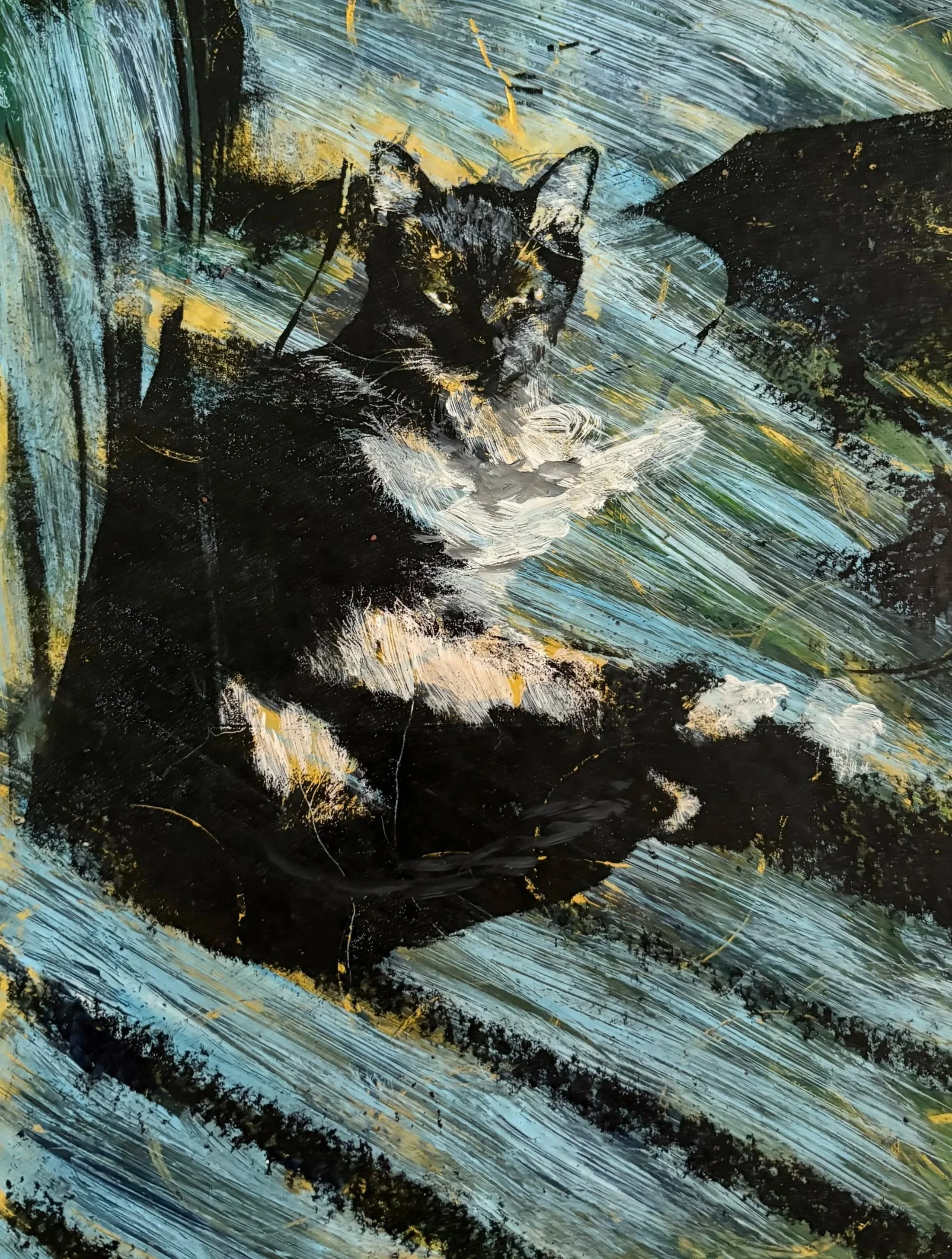 Abstract painting featuring a black cat resting in a natural setting, with expressive brushstrokes in shades of black, white, yellow, and green, creating a textured and dynamic scene.