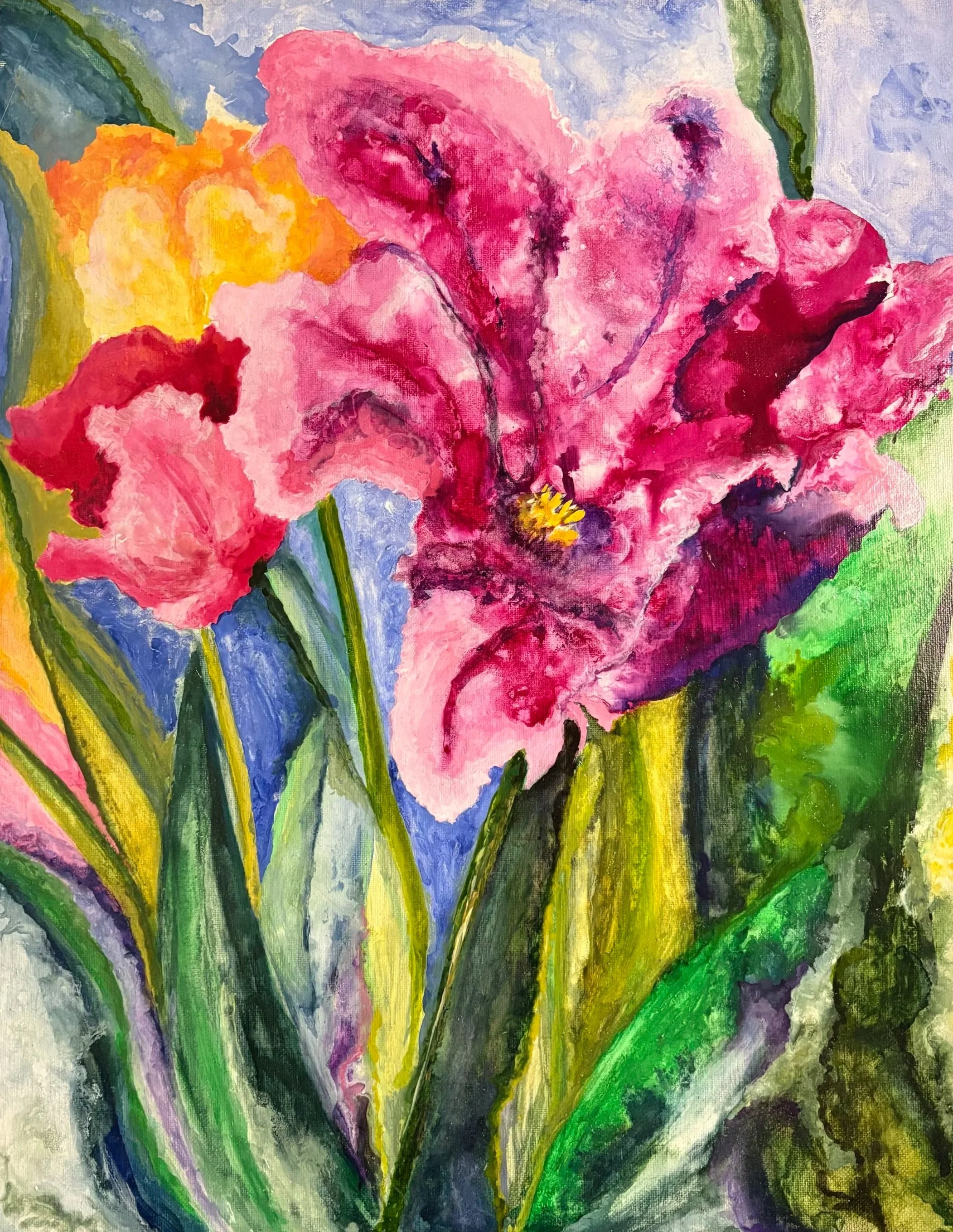 A colorful painting of pink, purple, yellow, green, and blue flowers with green stems and leaves.