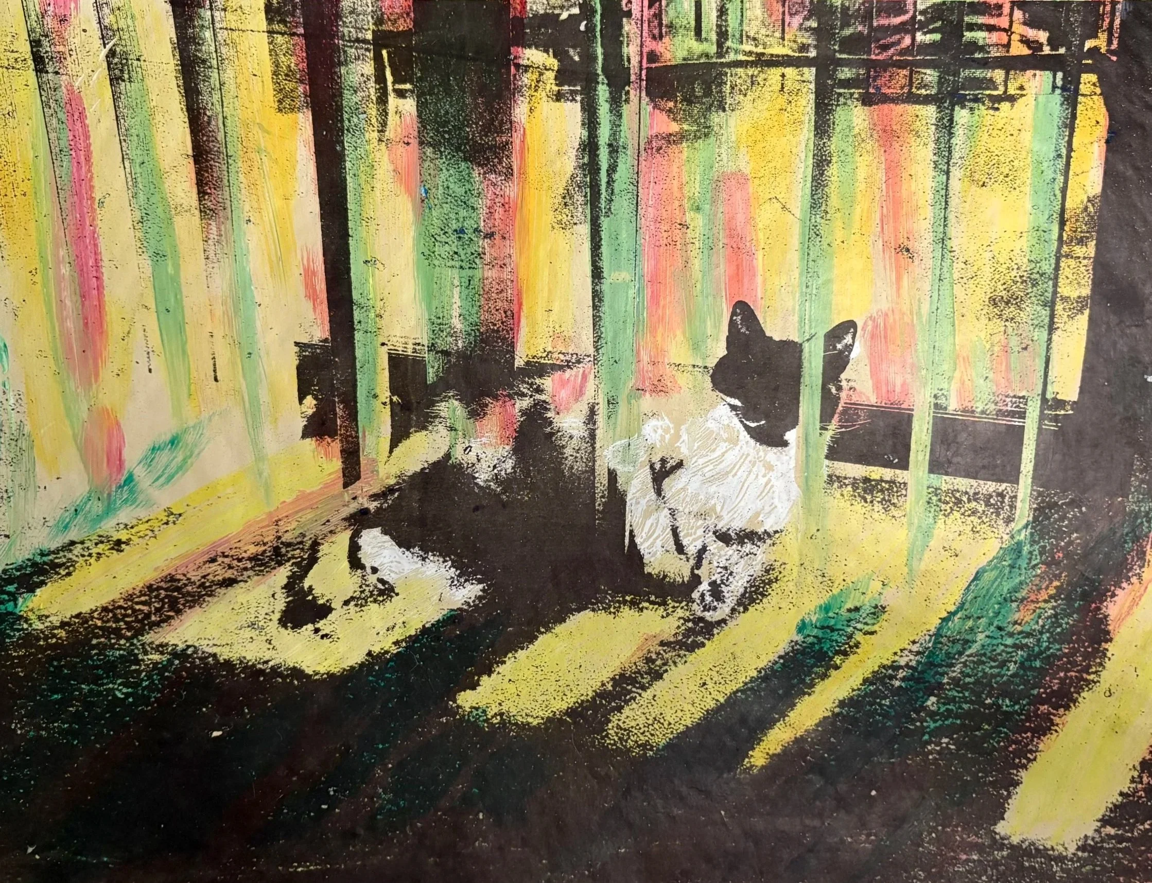 Colorful abstract artwork with vertical lines in yellow, pink, green, and black, with a silhouette of a cat sitting on a striped ground.