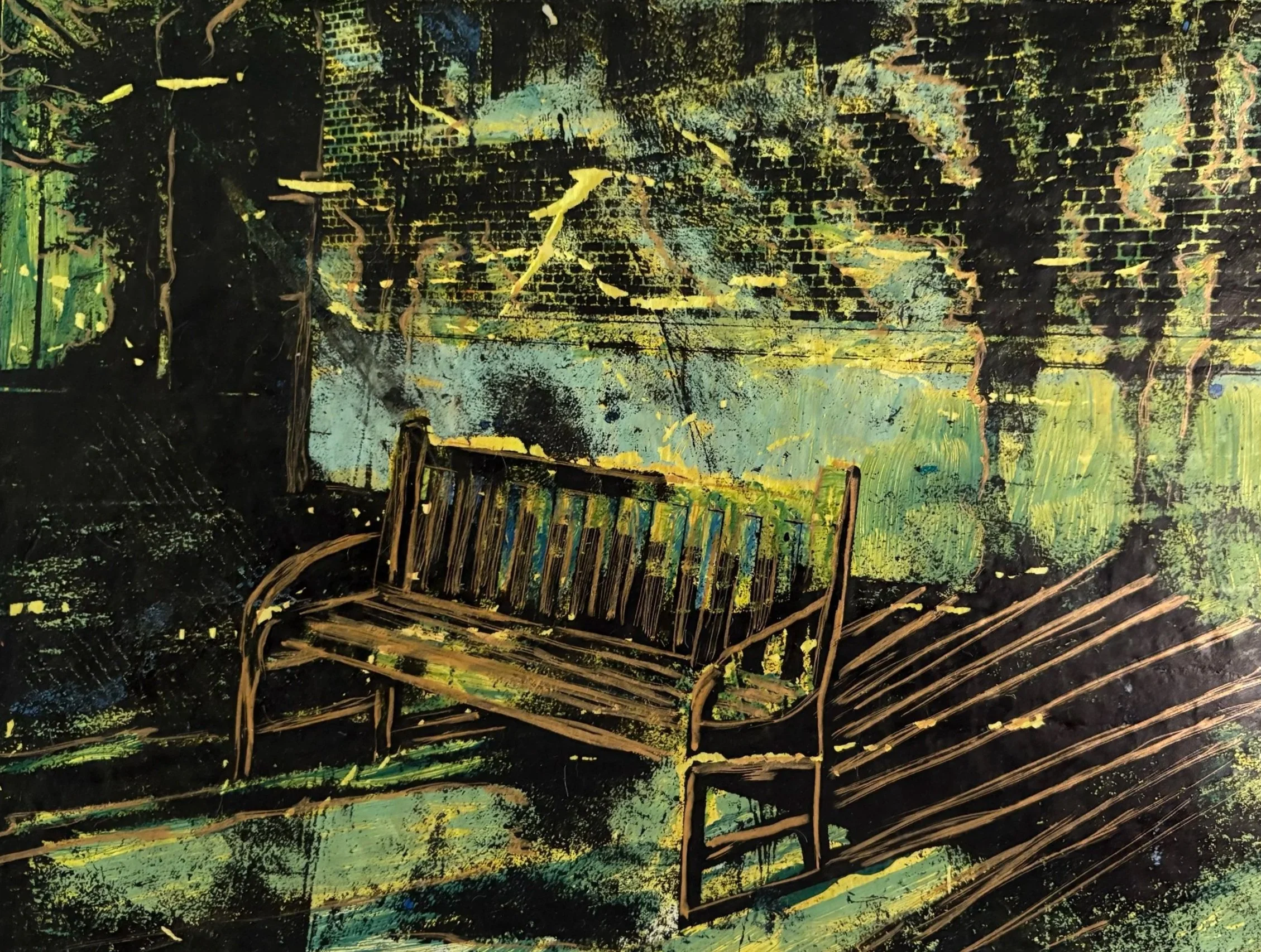 An abstract painting featuring a dark background with splashes of green, yellow, and blue, along with black lines creating a textured scene.