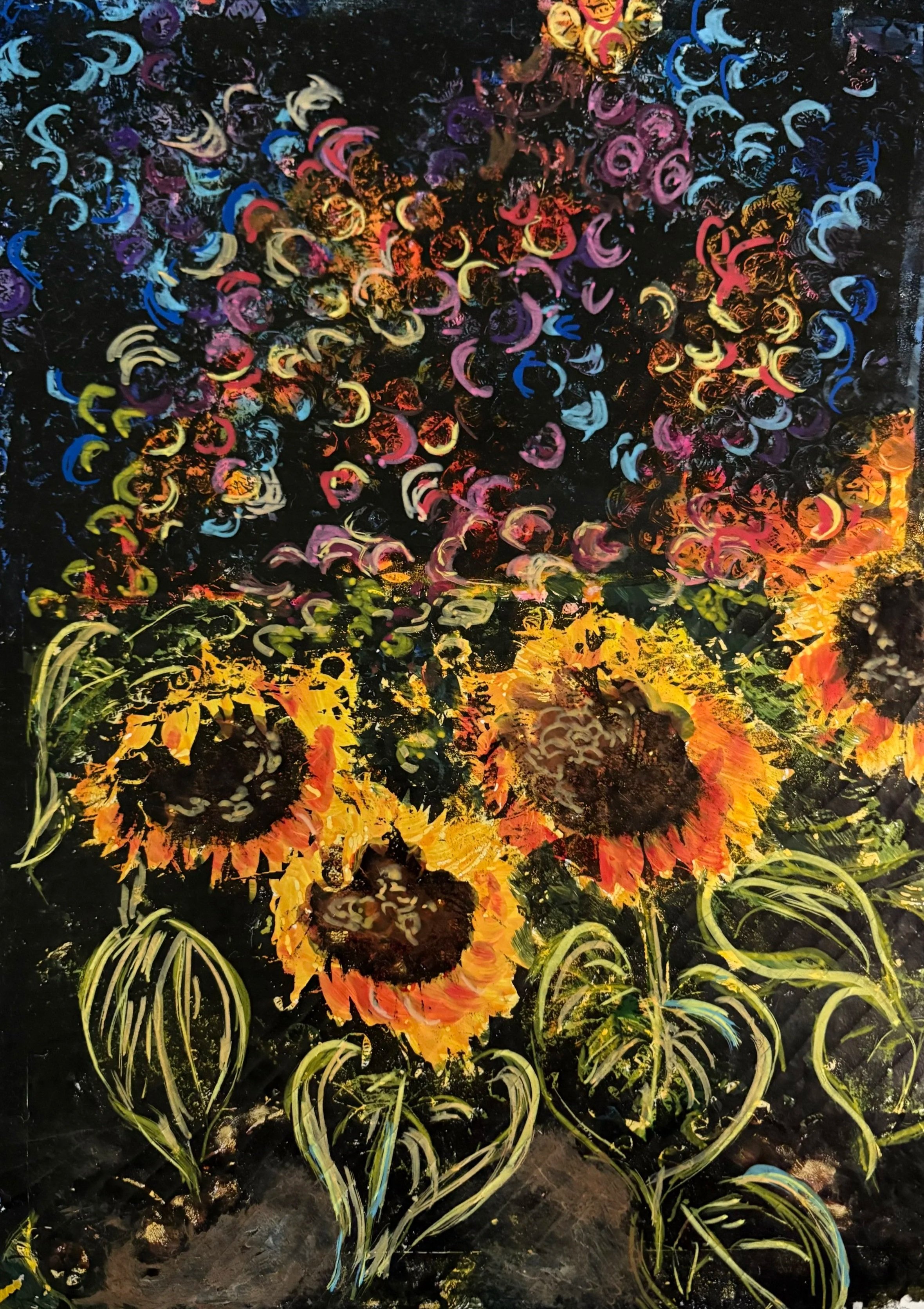 A colorful abstract painting of sunflowers with swirling green leaves, vibrant yellow petals, and fiery orange and red centers, set against a dark background.