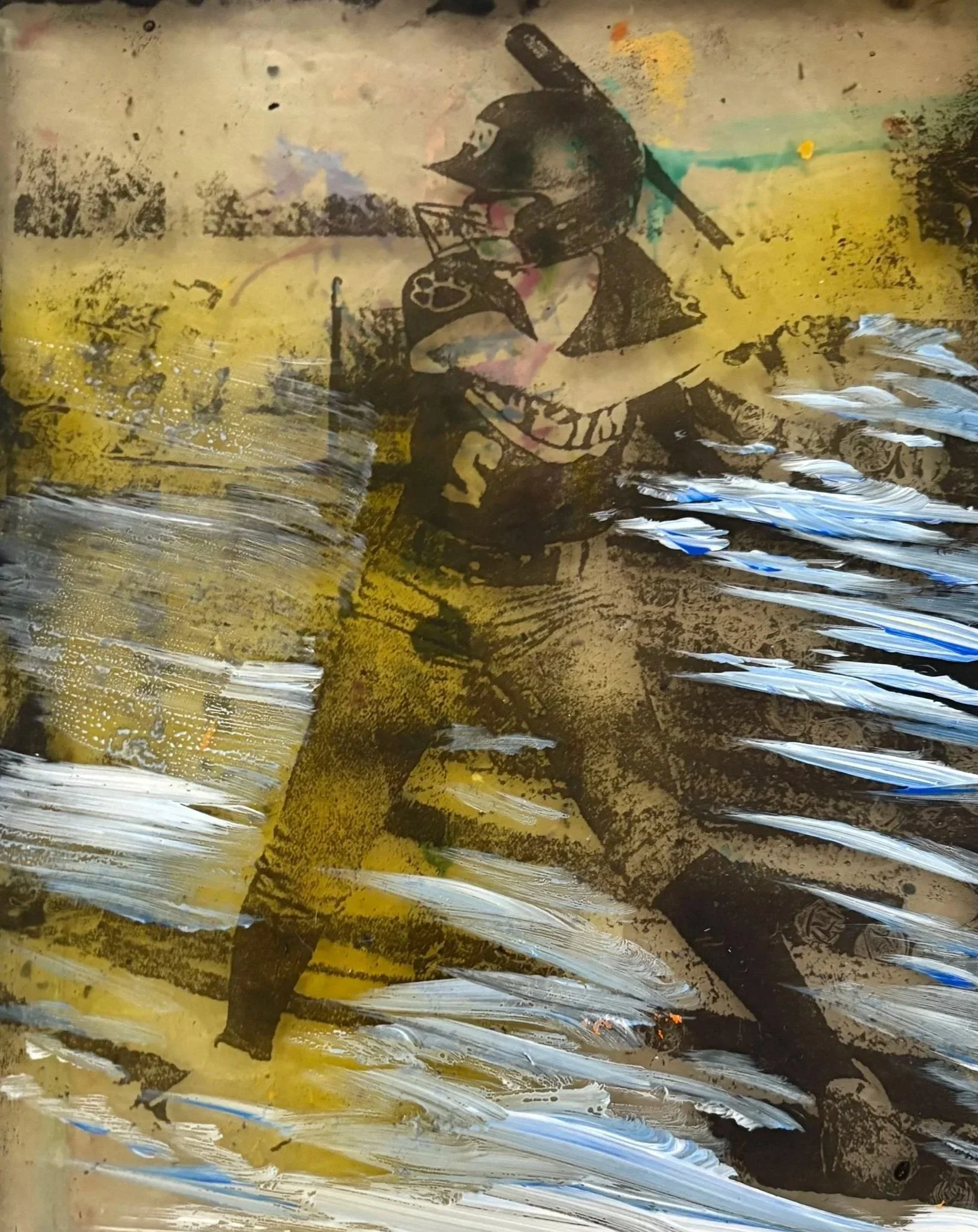 A painting of a girl with long hair, wearing a shirt with the number 21, standing outdoors with a background of sky, possibly during sunset. The painting uses abstract brushstrokes, with a mix of yellow, black, white, and blue colors.