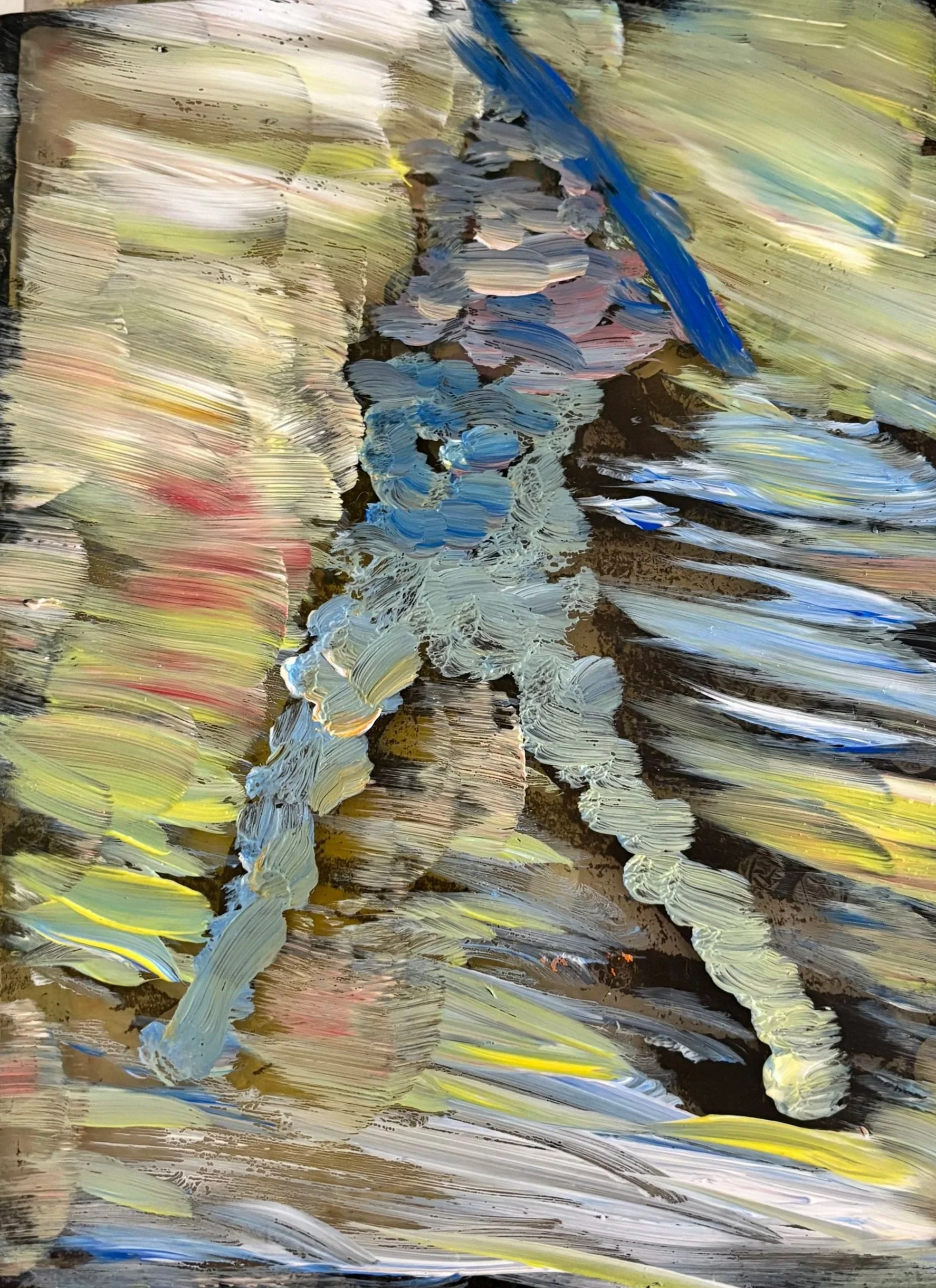 Abstract painting with bold, sweeping strokes of various colors including beige, blue, white, black, green, yellow, and pink.