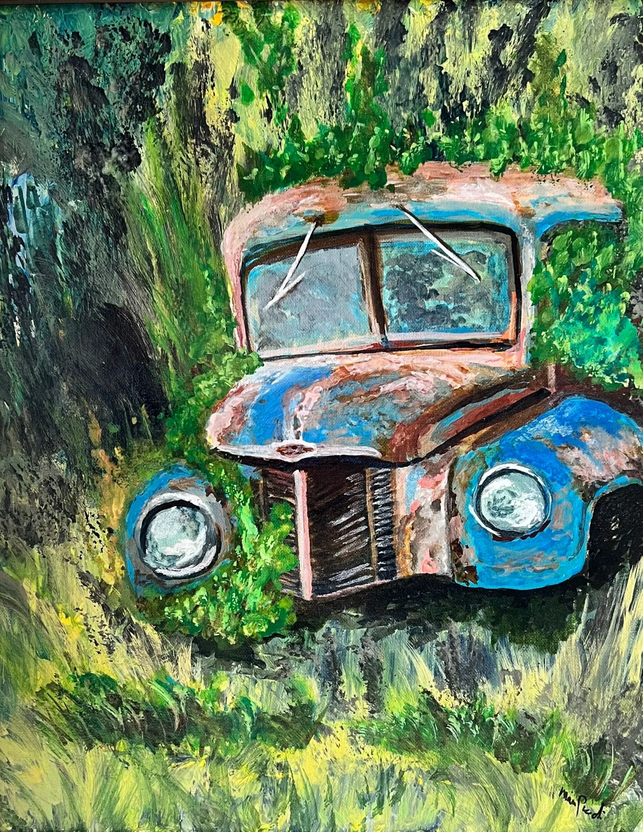 A colorful, impressionistic painting of an old blue vintage truck in a green, lush setting. The truck appears weathered with visible rust and aging details, surrounded by dense green foliage and grass, with a background of dark trees.