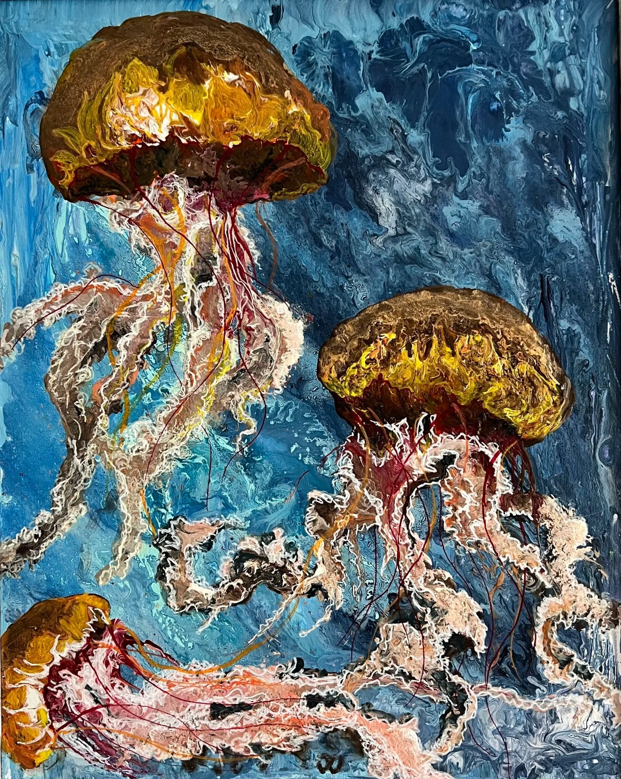 Abstract painting with blue background and jellyfish-like creatures with yellow, white, and brown accents.