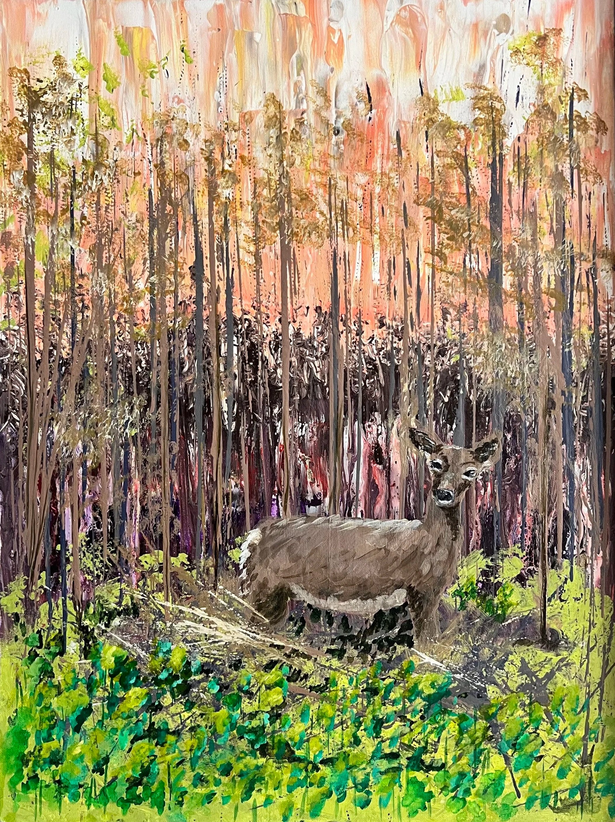 Painting of a forest scene with a gray wolf lying in the foreground and tall trees with pink and orange sky in the background.