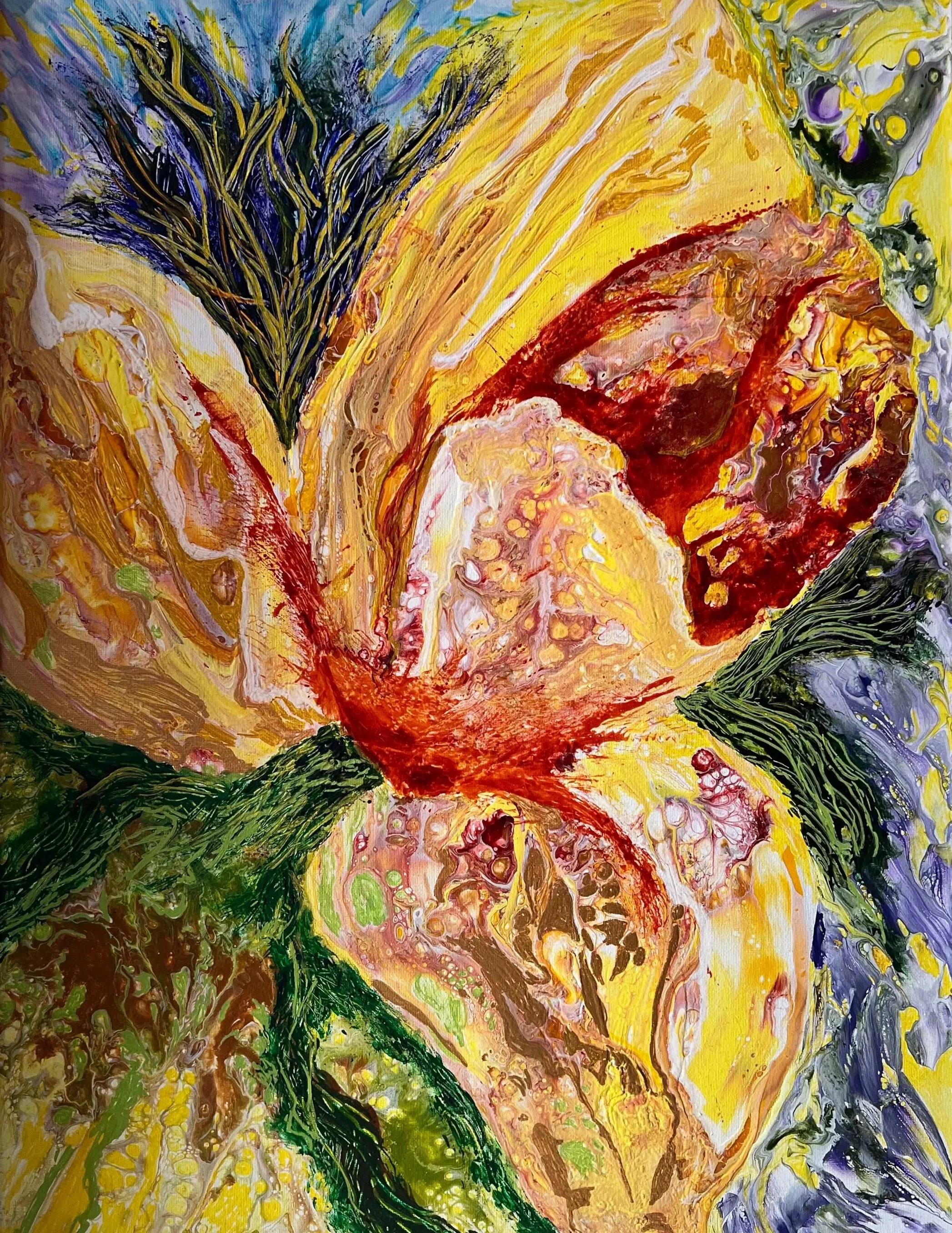 Abstract painting with vibrant swirls of yellow, red, green, purple, and black colors, resembling a colorful explosion or nature-inspired scene.
