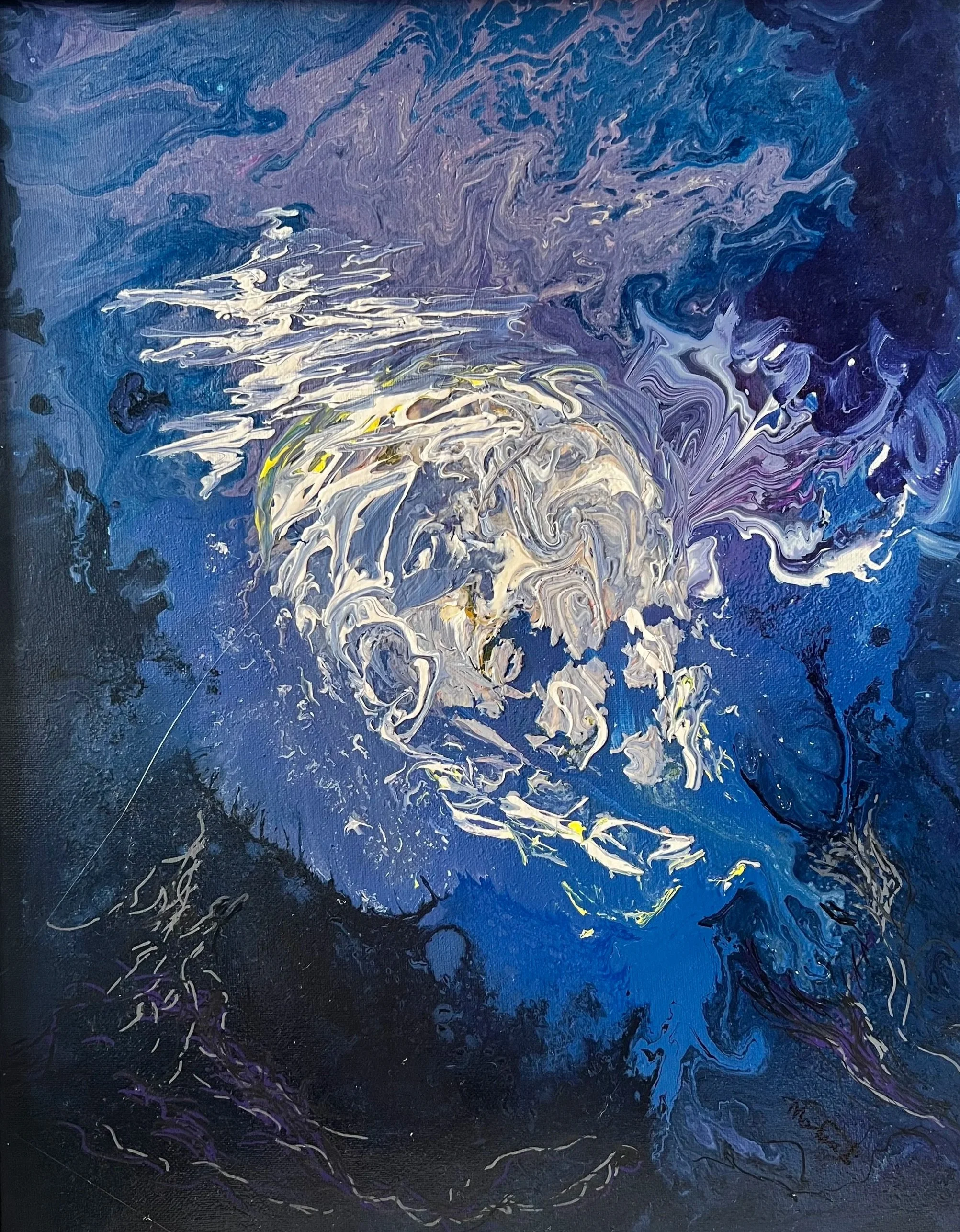 Abstract painting with swirling blue, purple, white, and yellow colors.
