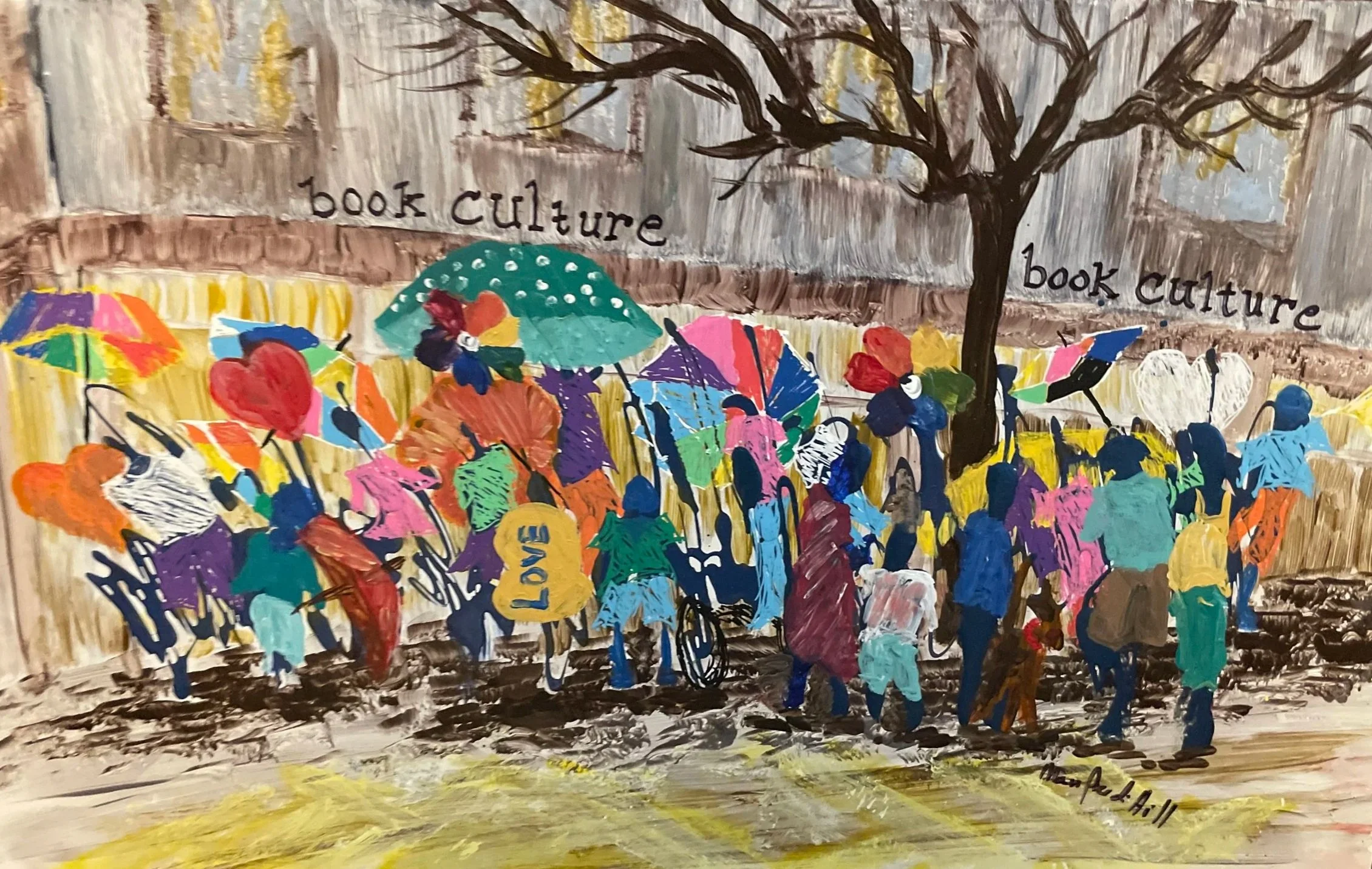 A colorful impressionistic painting features a large, leafless tree with twisting branches in the foreground, surrounded by vibrant, abstract human figures holding umbrellas in various bright colors. The background contains a textured, earthy landsca