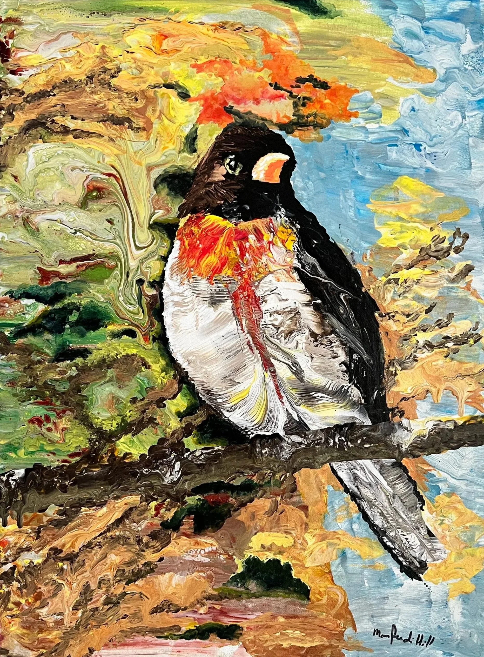 An abstract painting of a bird, possibly a woodpecker, sitting on a branch with a colorful background of sky and foliage painted with thick, swirling strokes.
