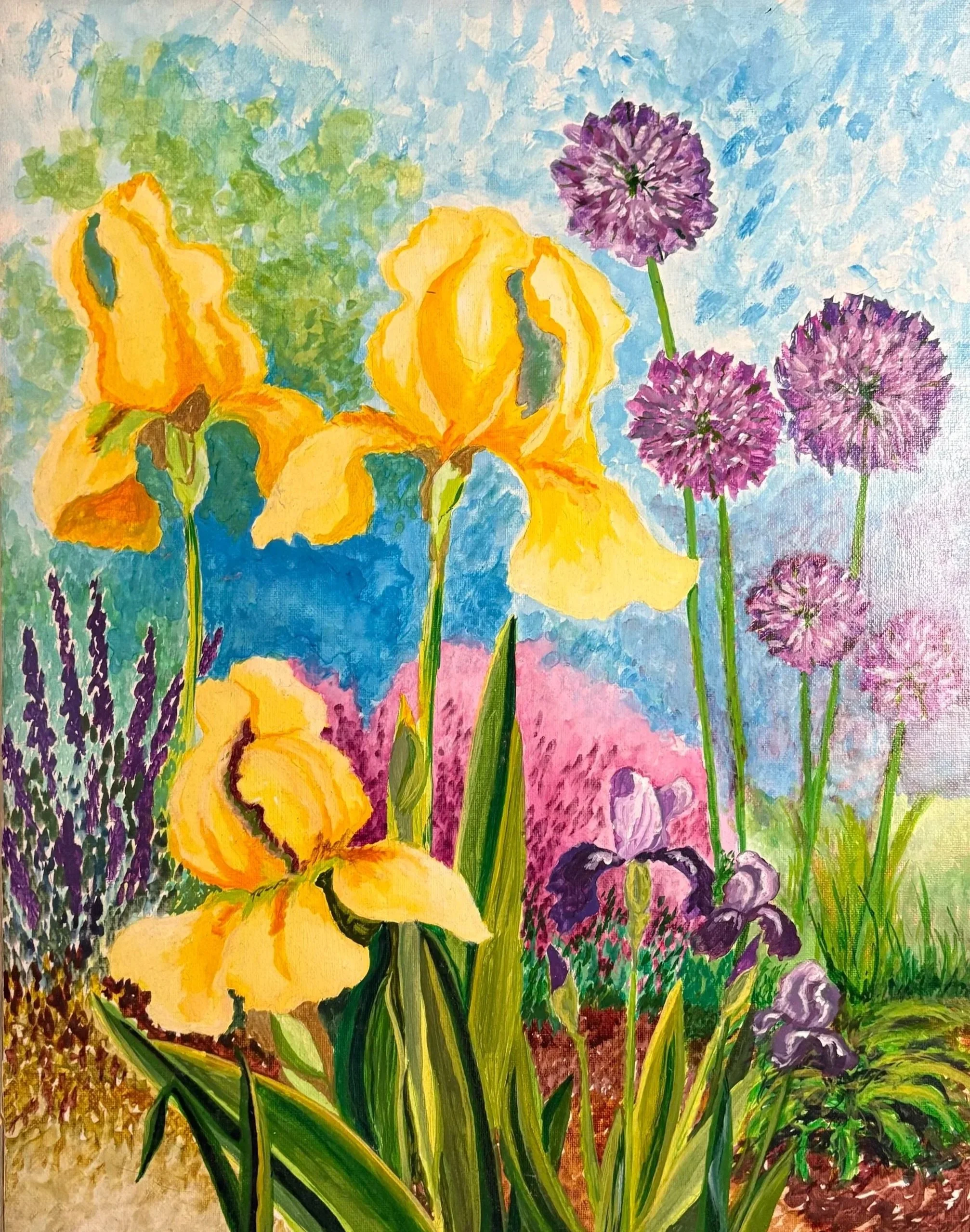 Colorful watercolor painting of yellow irises, purple alliums, lavender, and green foliage against a bright sky background.