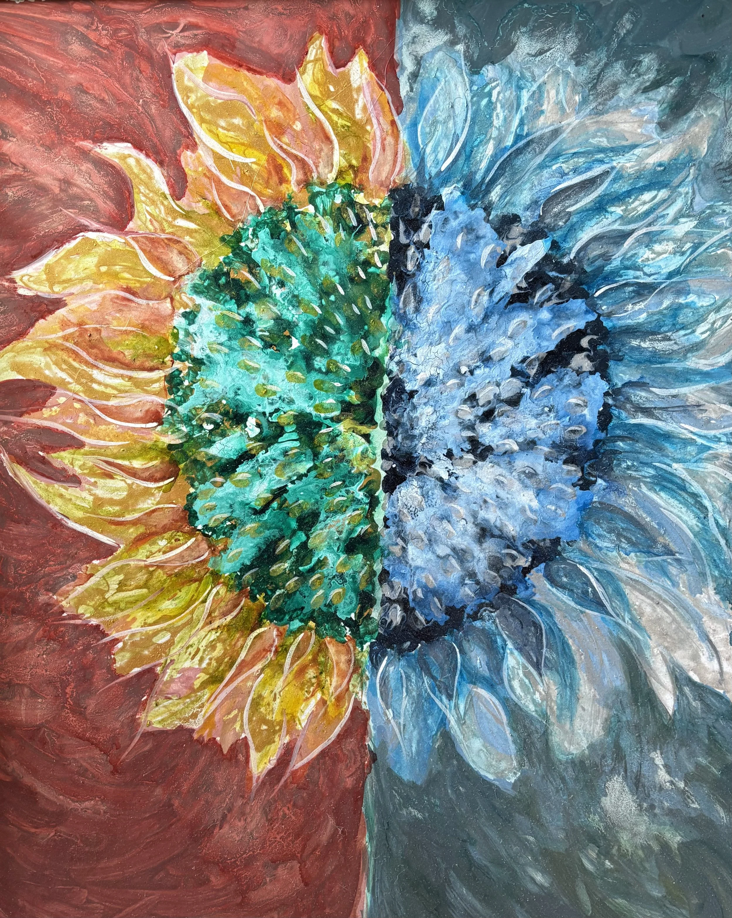 A vibrant, abstract painting split into two halves: the left side features warm tones like red, yellow, and orange resembling a fiery flower, while the right side has cool tones like blue, teal, and black resembling icy, icy flames.
