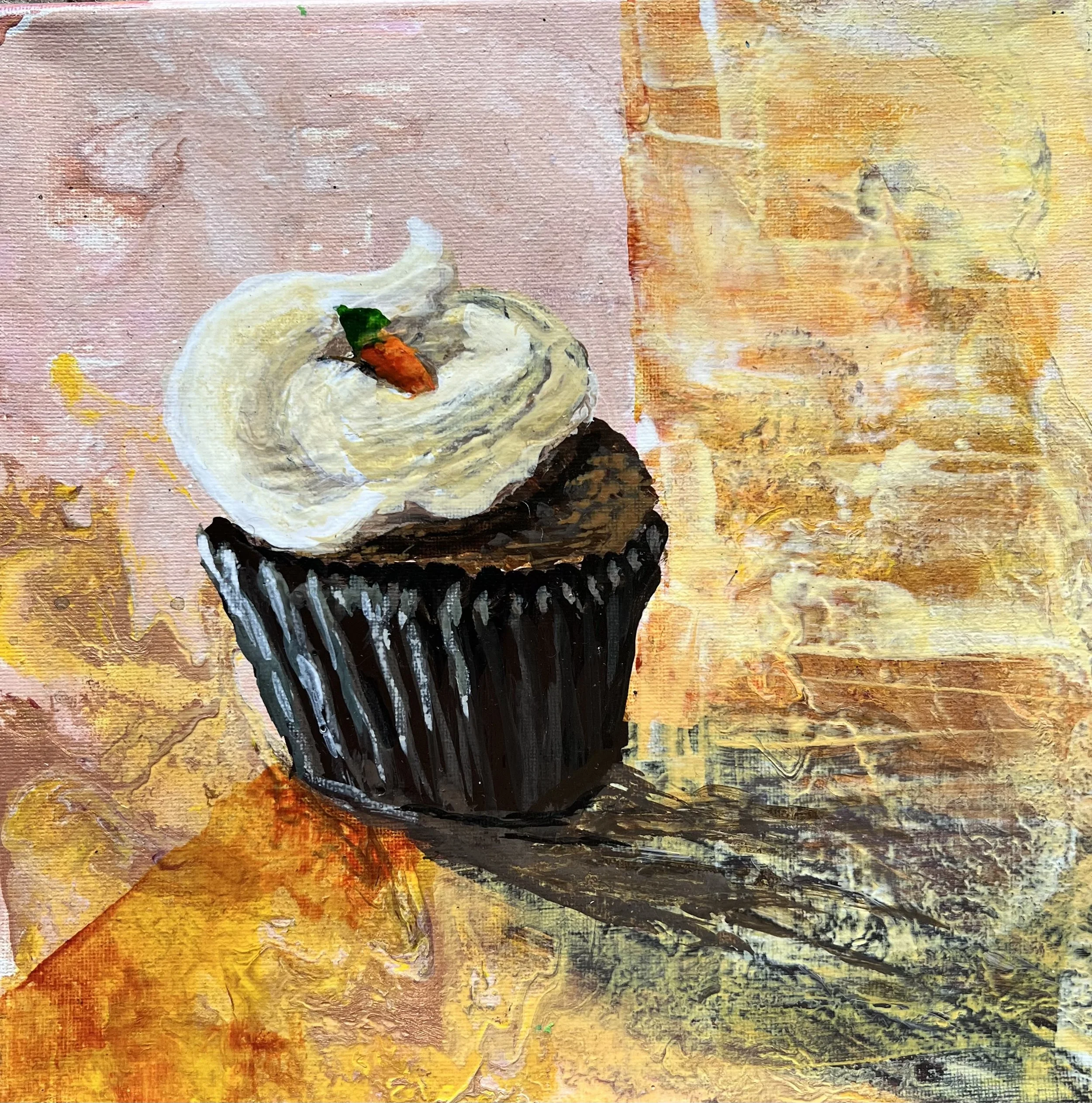 Close-up of an abstract painted surface with warm tones of pink, orange, yellow, and black in a textured style.