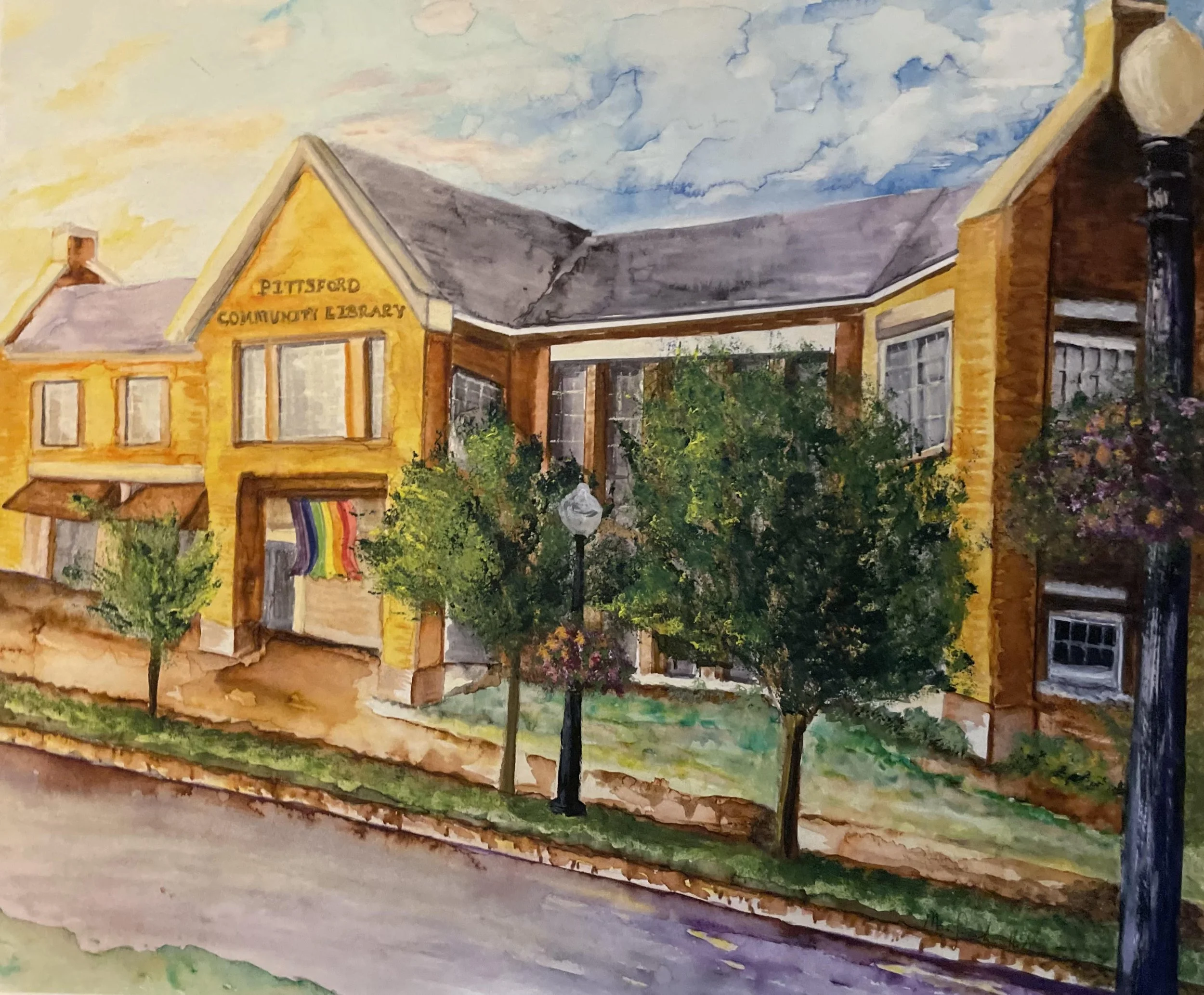 Watercolor painting of a yellow building labeled 'Pittsford Community Library,' with trees and a streetlamp in front, and a partly cloudy sky above.