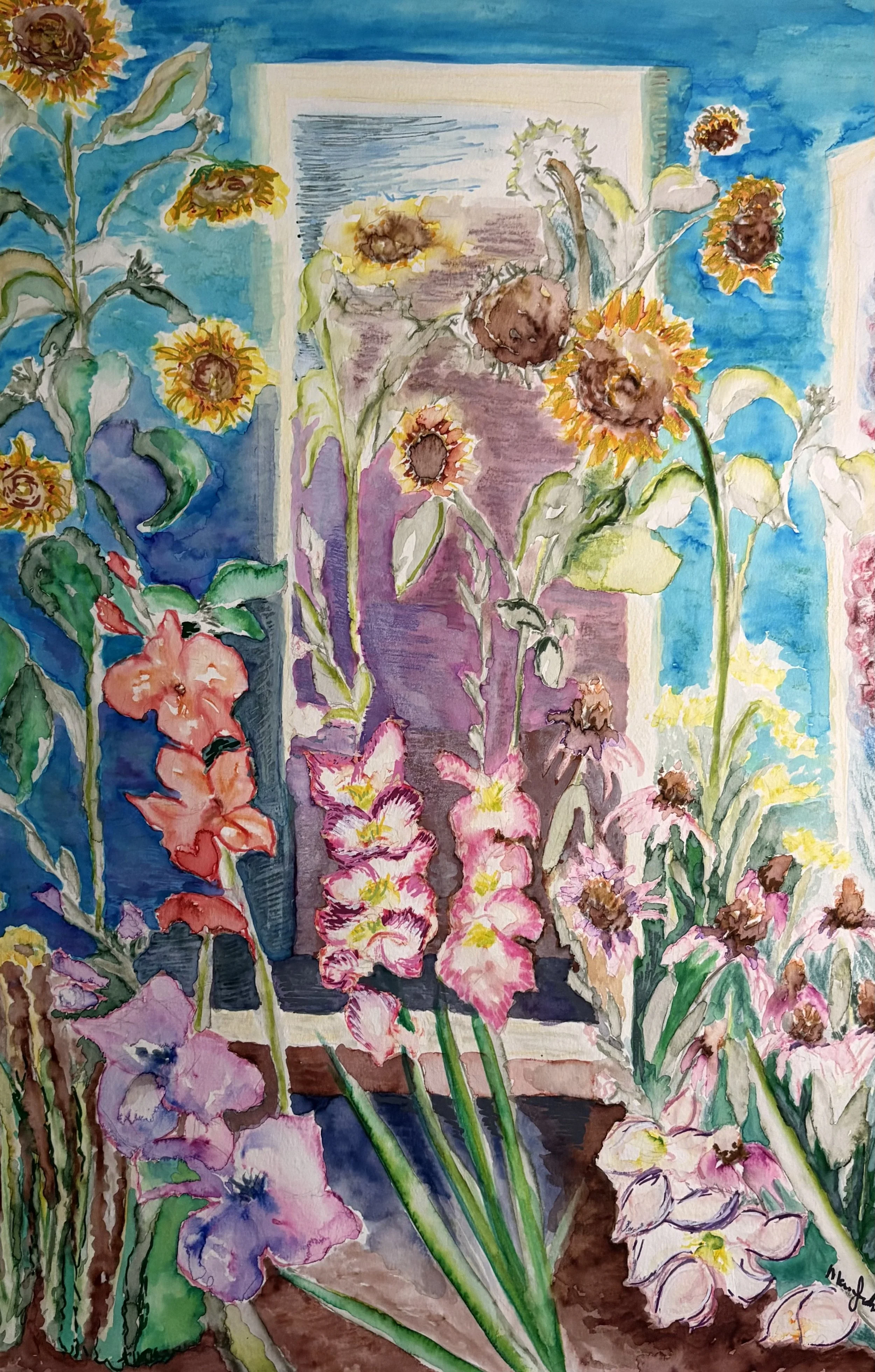 Watercolor painting of sunflowers, gladiolus, and other flowers arranged on a colorful background with a blue sky, trees, and a purple building.