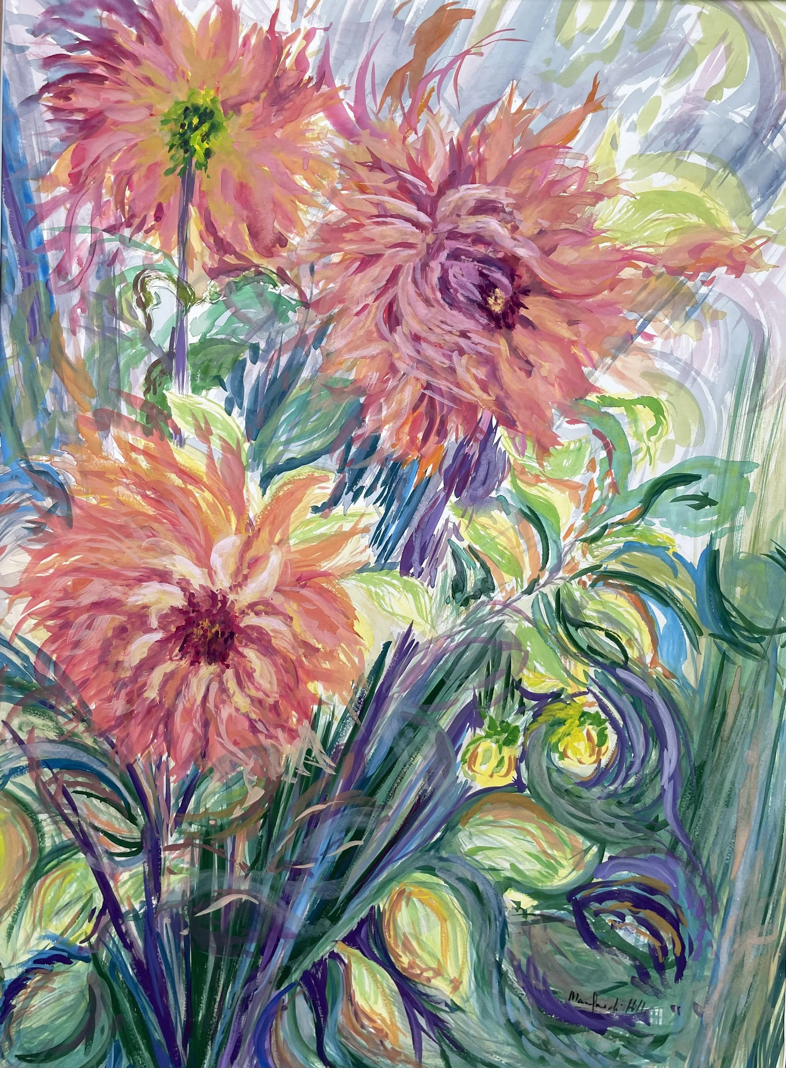 A colorful abstract painting of flowers with large pink, orange, and yellow blooms surrounded by green leaves and purple swirling stems.