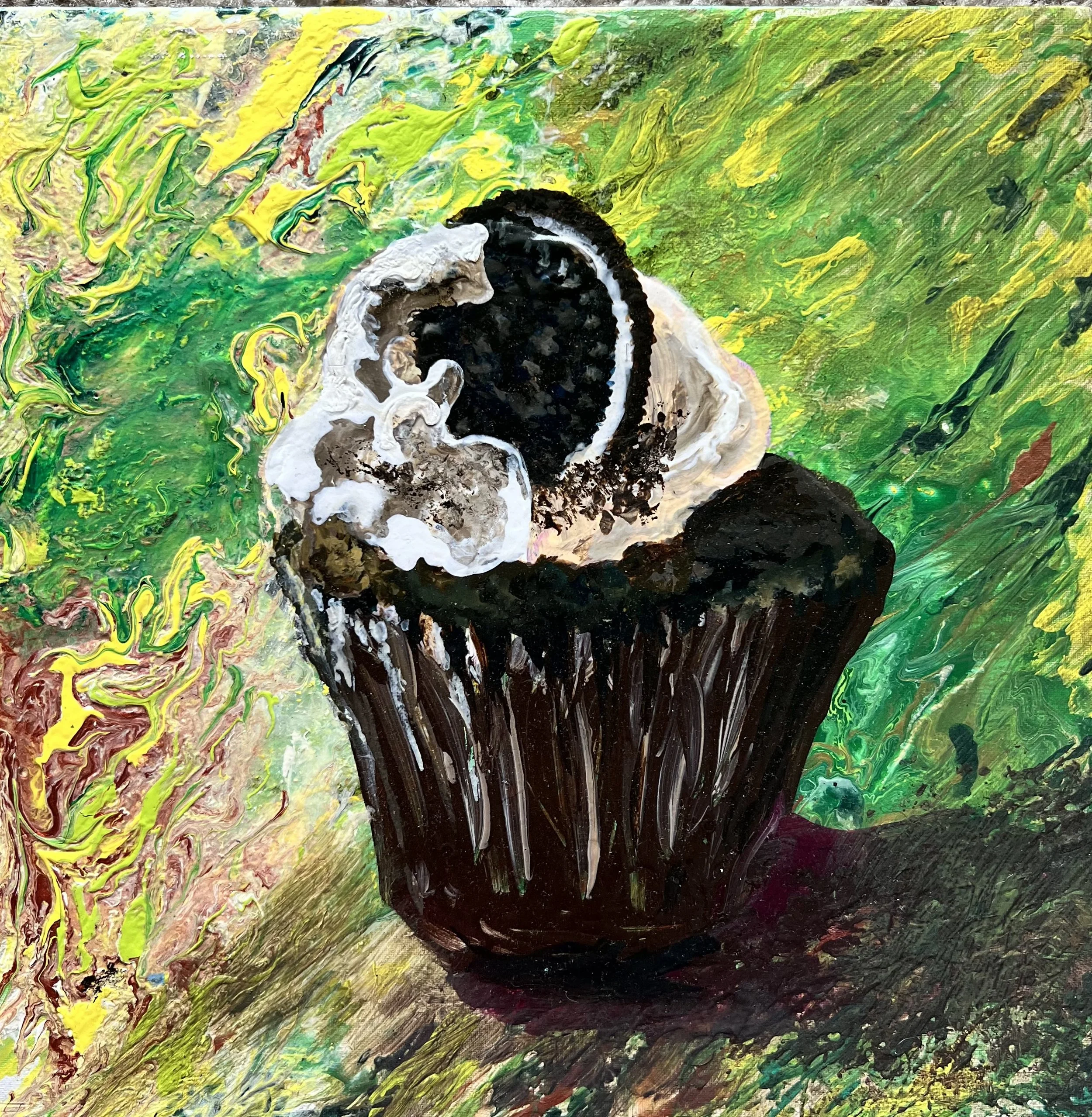 Abstract painting with swirling green, yellow, red, pink, white, and black paint, featuring a black and white human face profile in the center.