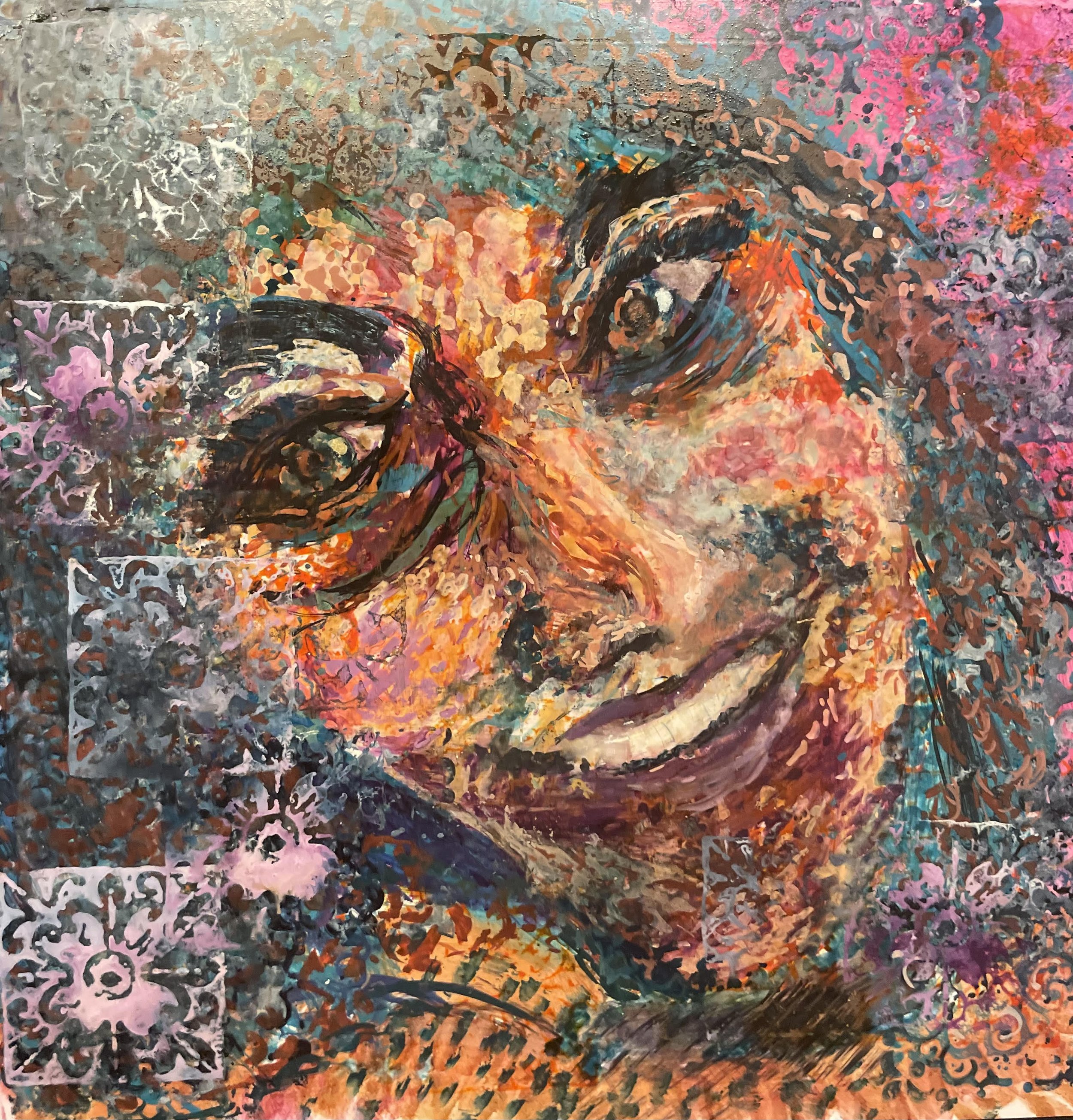 Abstract colorful painting with various shades of pink, orange, blue, black, gray, and white, featuring swirling patterns and textured brushstrokes.