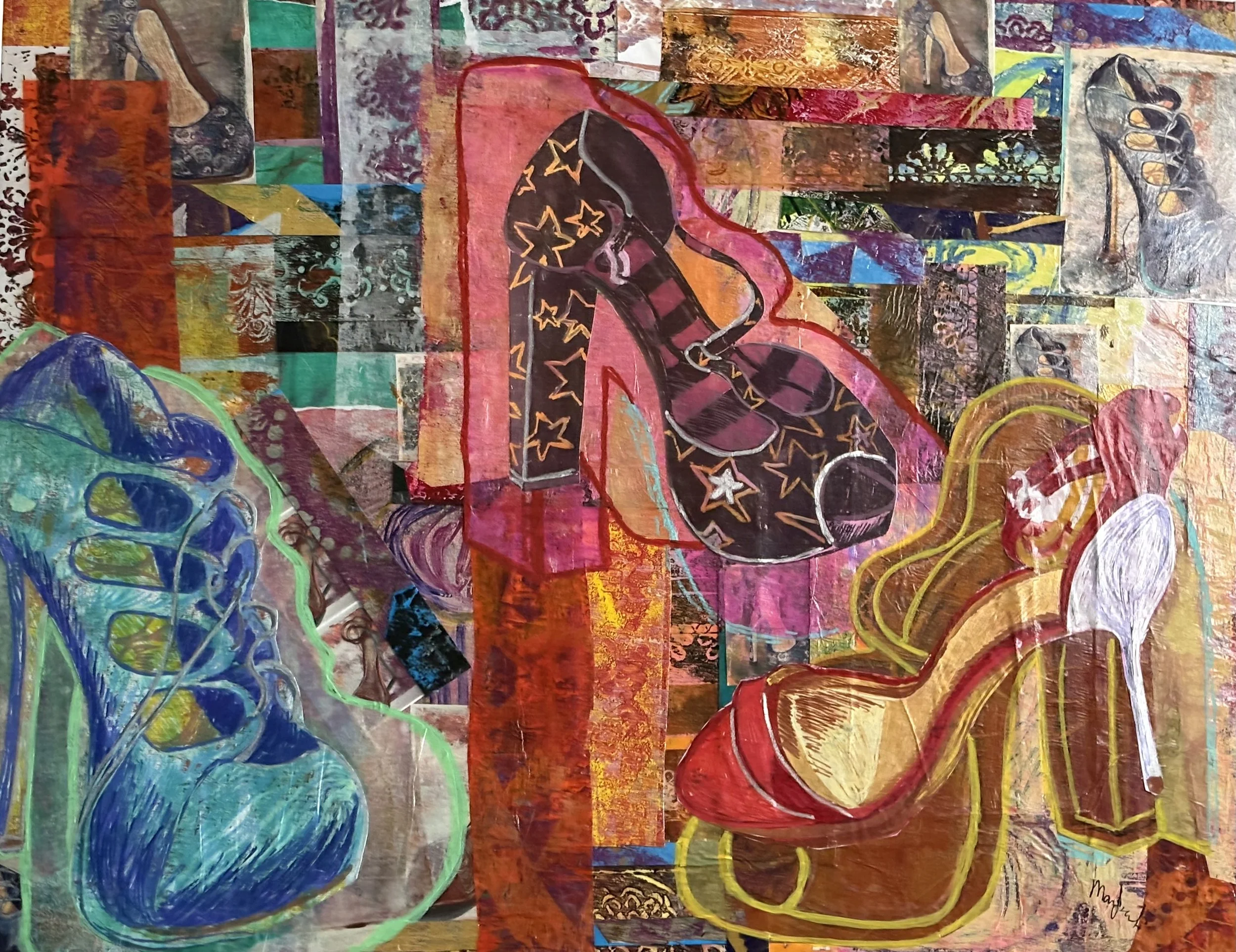 A colorful collage-style abstract artwork featuring various shapes, patterns, and textures. Prominent elements include blue and green swirling shapes on the left and bright red, yellow, and orange tones throughout. The collage uses layered paper and 