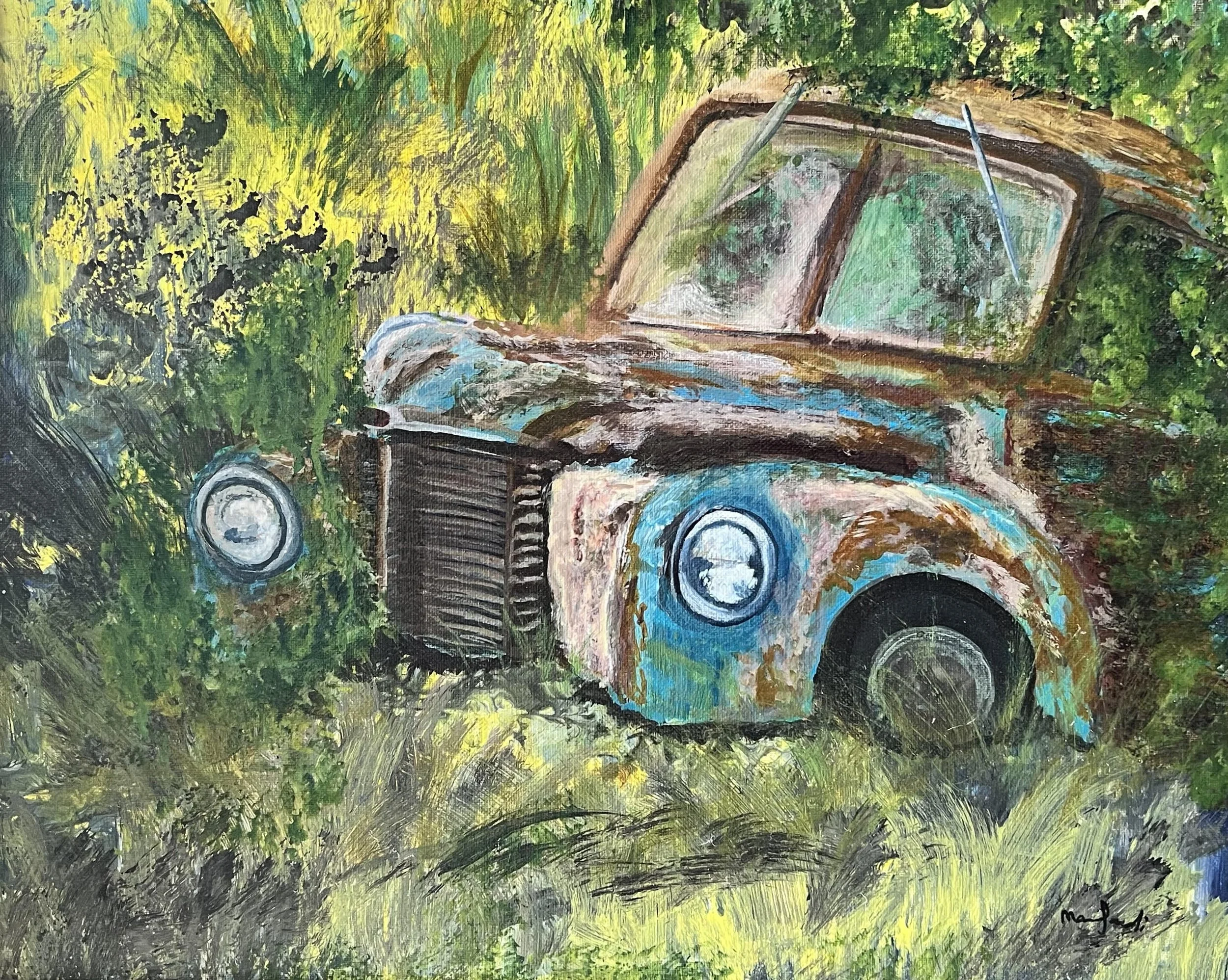 An impressionistic painting of an old, rusted car in a grassy, wooded area with yellow and green foliage.