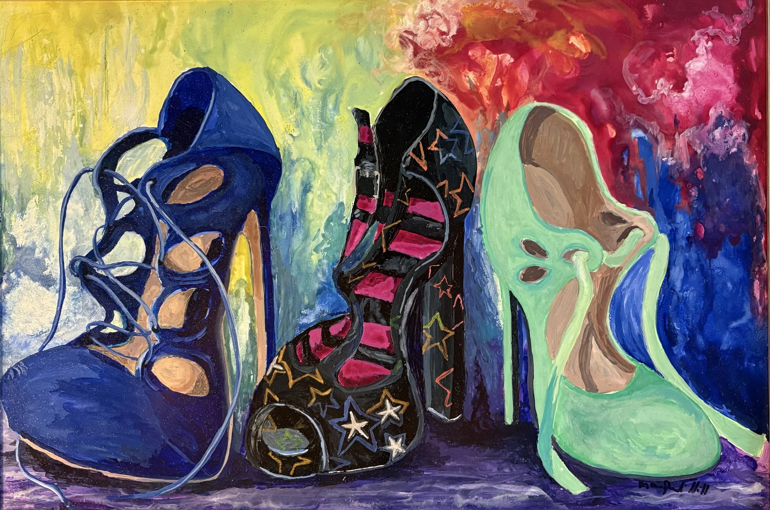 A colorful painting of a pair of blue sneakers with white laces, surrounded by bright yellow, green, red, purple, and pink backgrounds with abstract patterns and star shapes on the shoes.