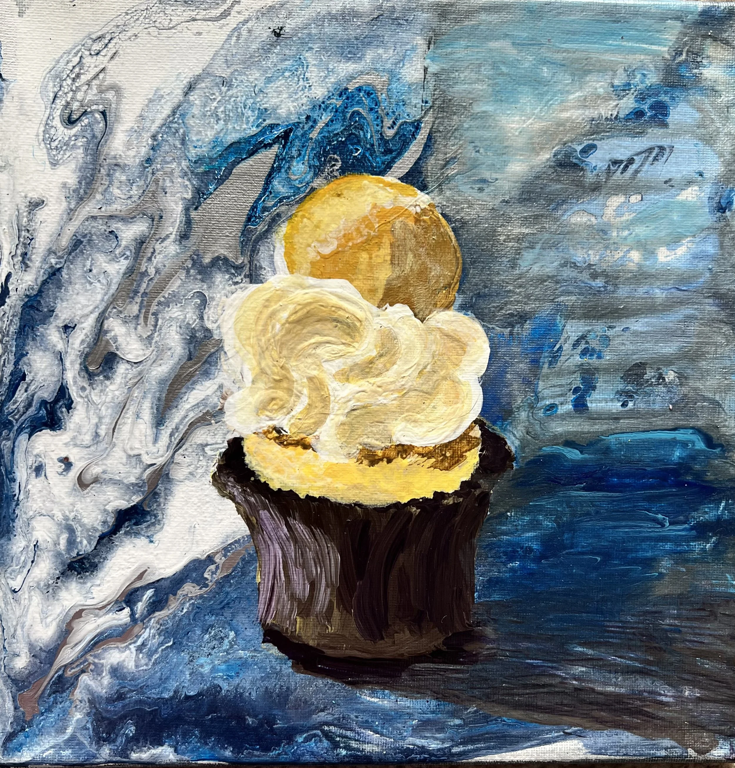 A painting with swirling blue and white water, a brown boat, and a yellow sun in the sky.