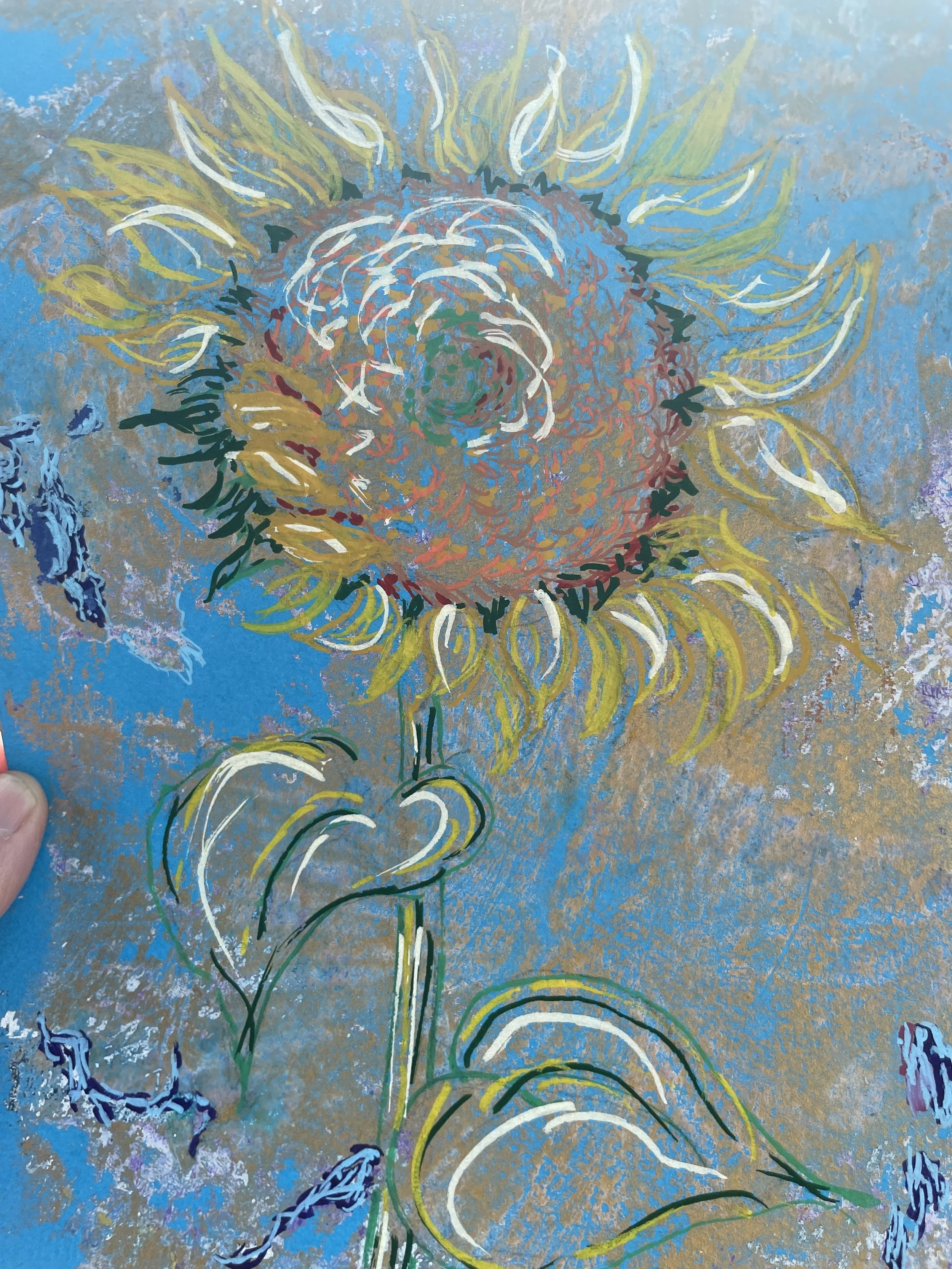 Abstract painting of a large, colorful flower with yellow petals, a reddish center, and green and white accents, set against a textured blue and beige background.
