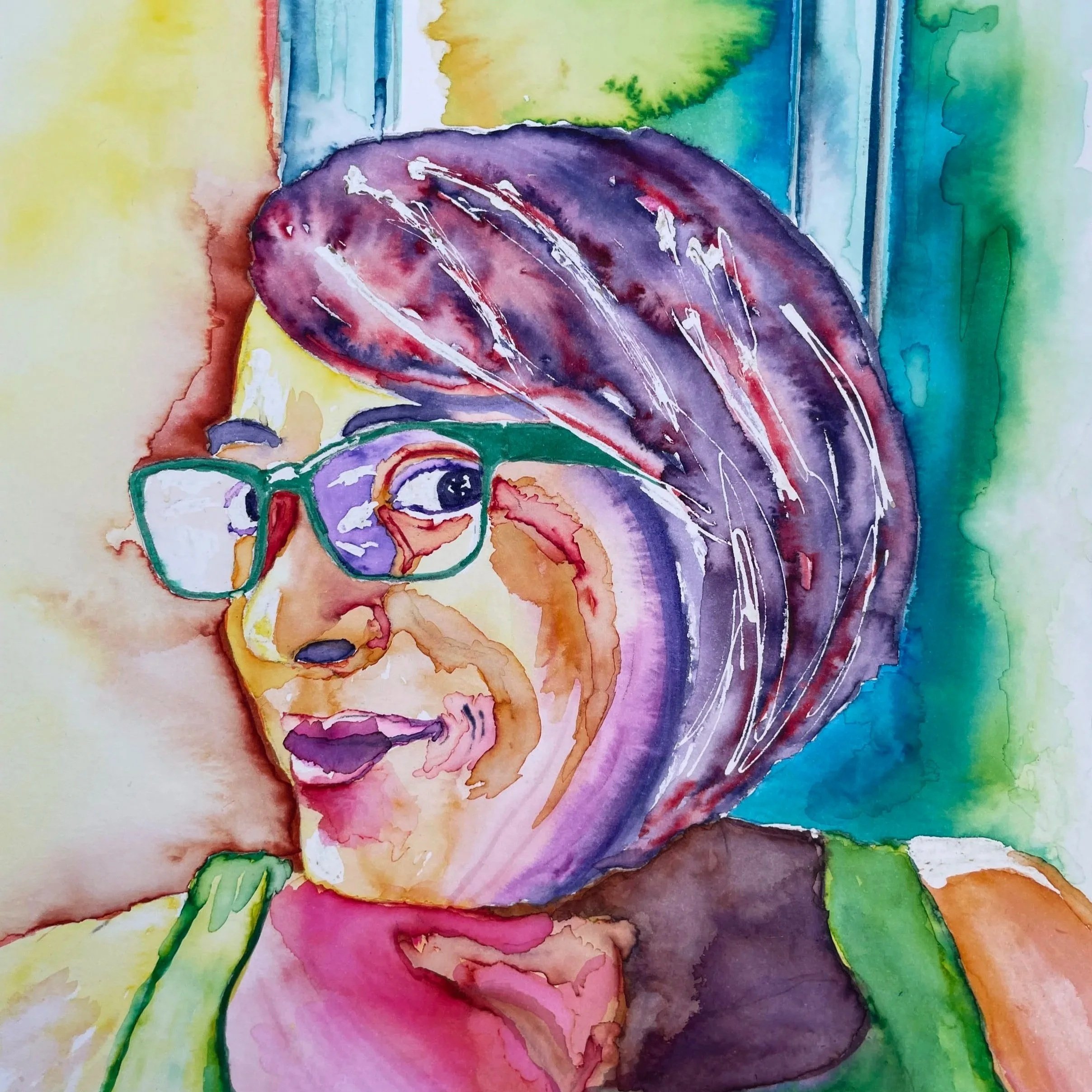 A colorful watercolor painting of a woman's face with glasses, surrounded by vibrant, abstract background colors.