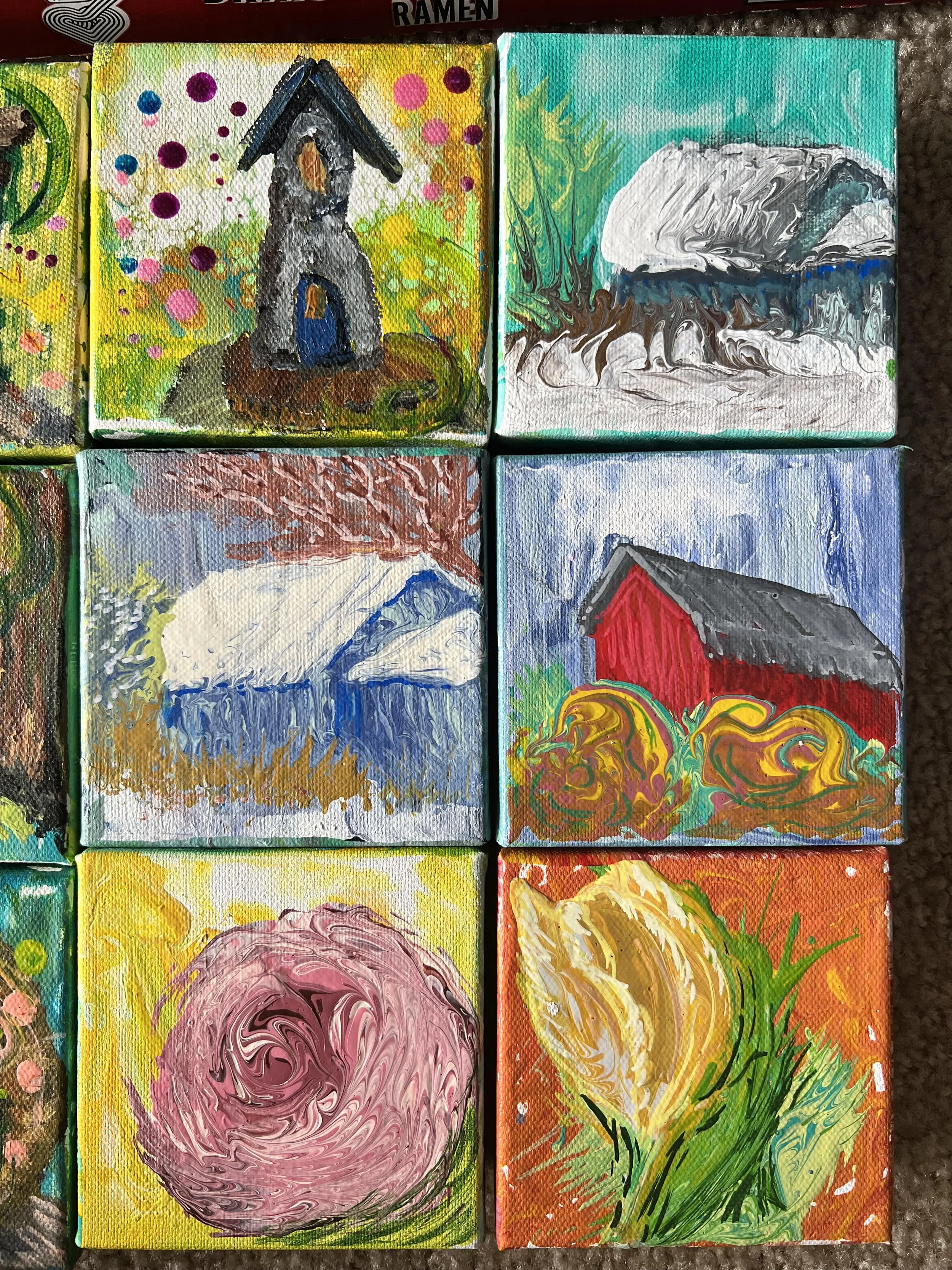 Collection of small, colorful abstract paintings with various swirling patterns, shapes, and colors, each with unique designs.