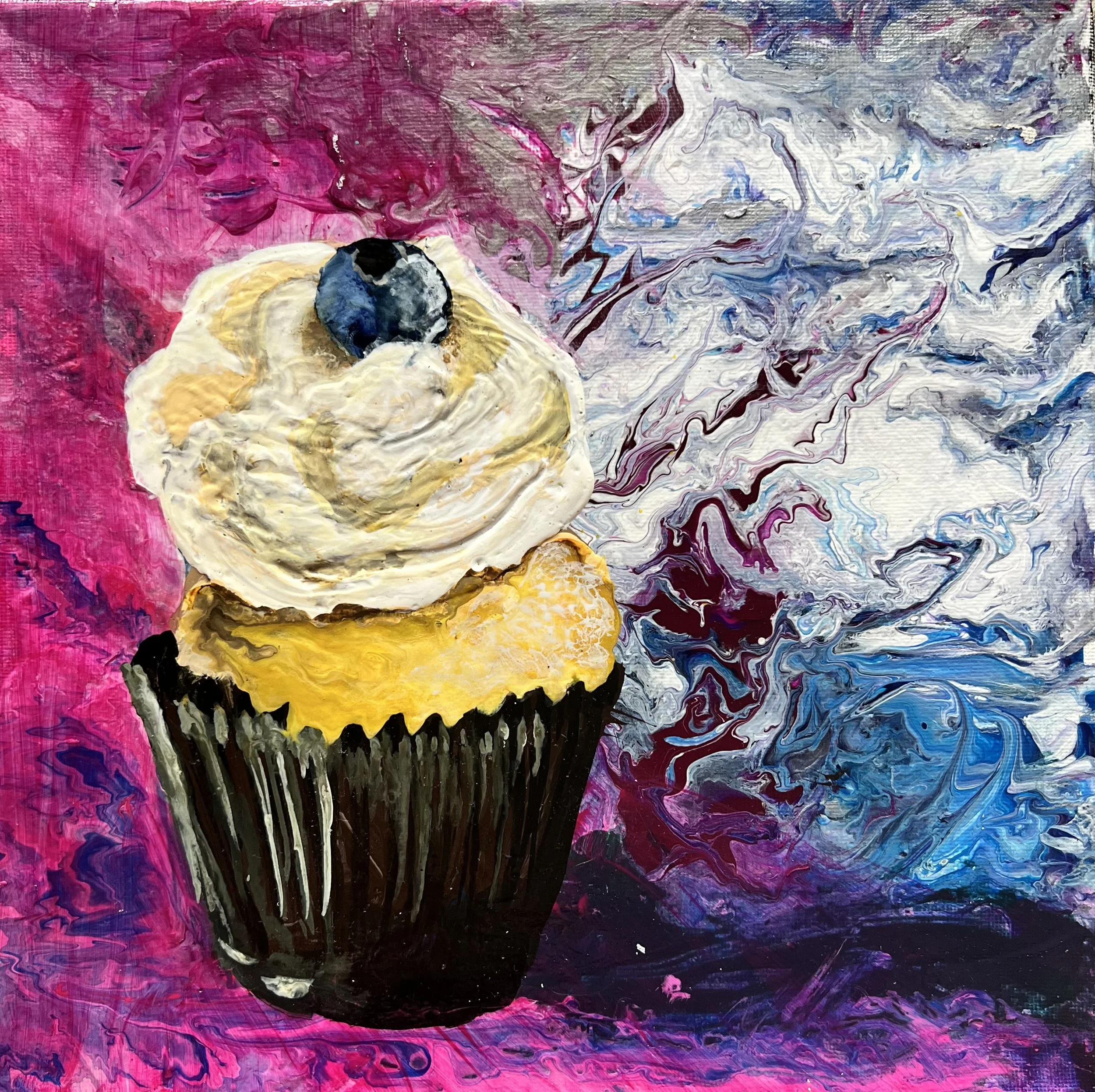 An abstract painting of a dark silhouette of a donkey with a colorful background featuring swirls of pink, purple, white, gray, and blue.