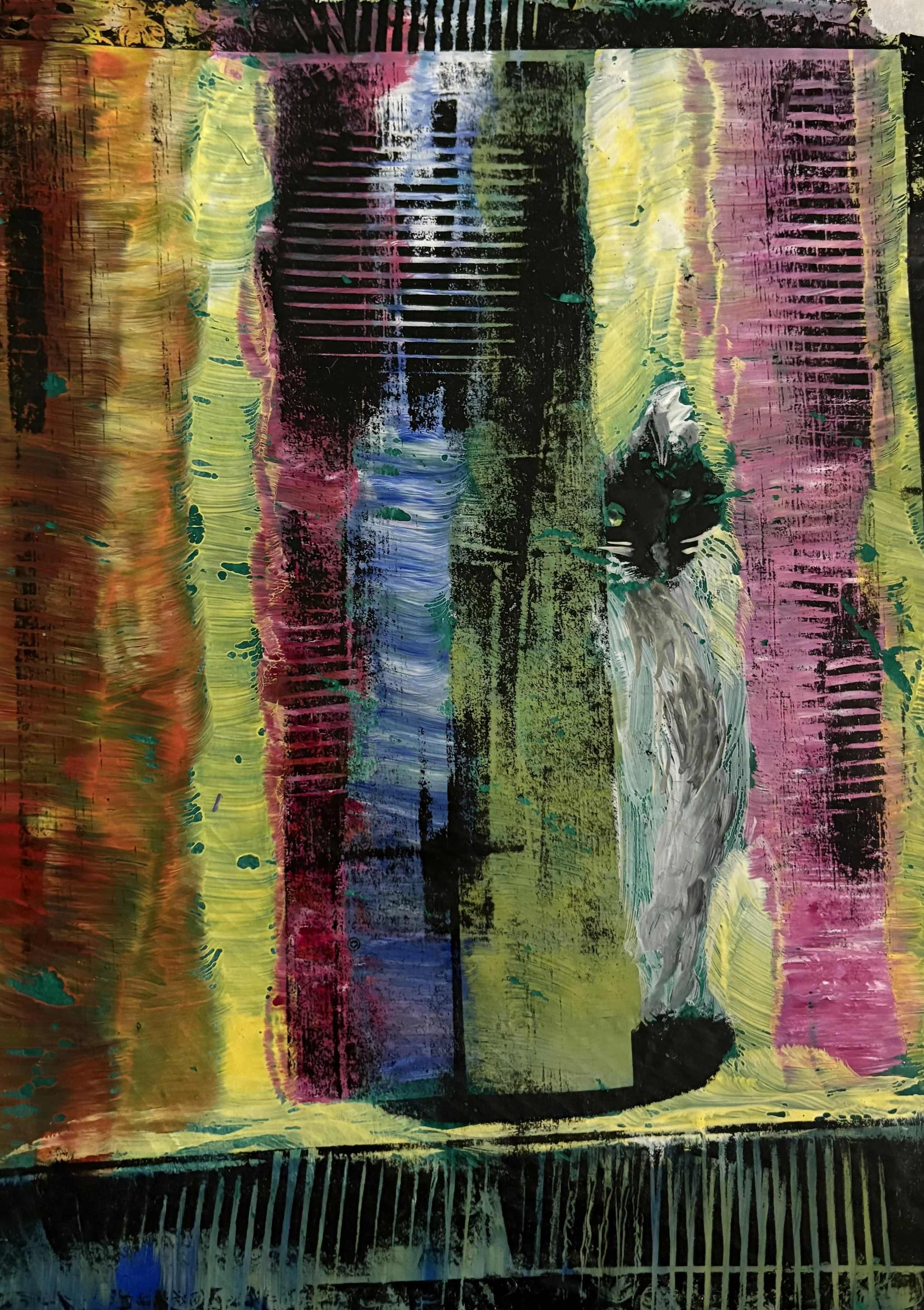 Abstract painting with bold, colorful vertical streaks and grid-like patterns in black, pink, yellow, blue, green, white, and orange.