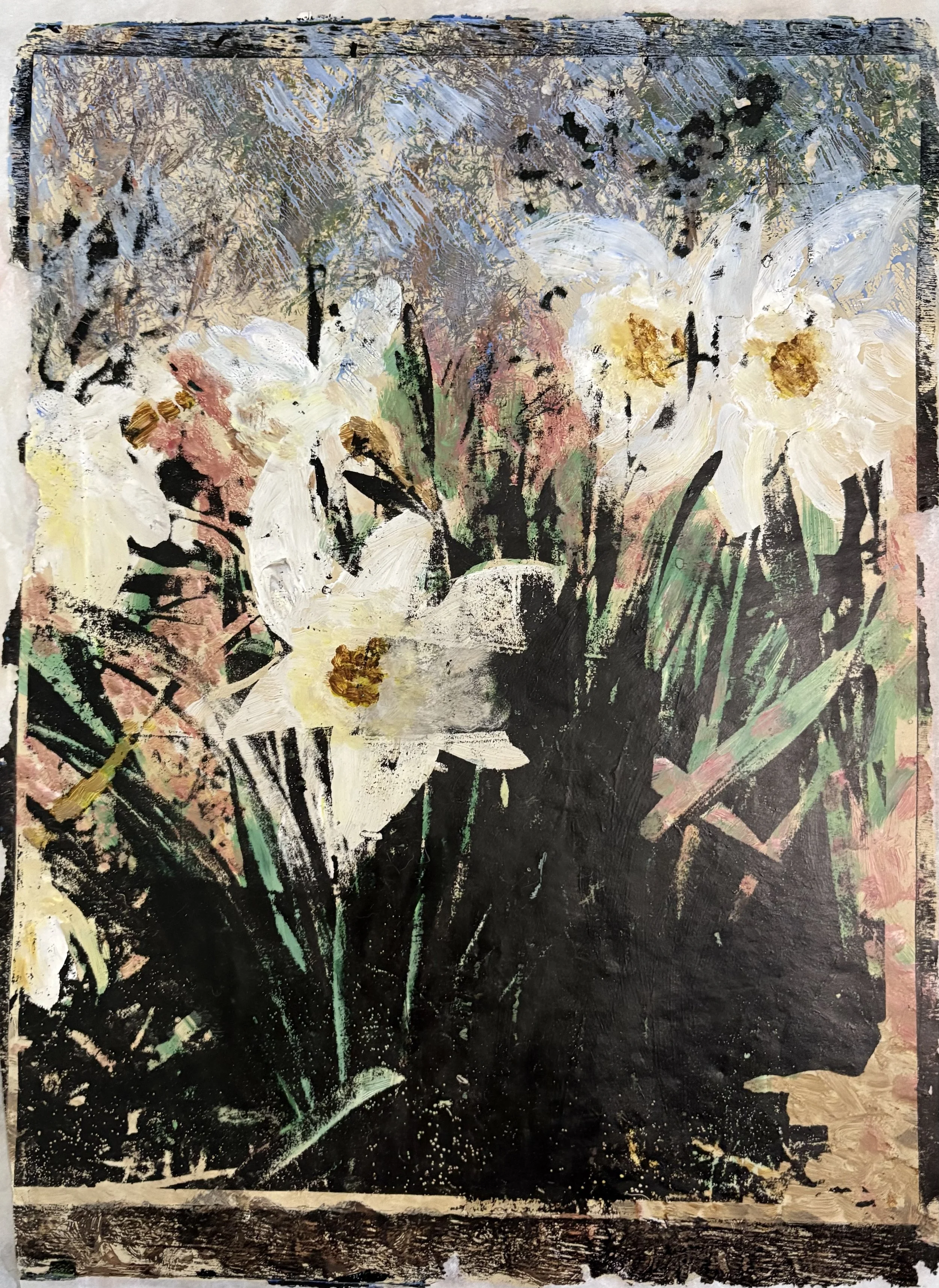 Abstract painting featuring dark background with green, pink, white, and gold brushstrokes, and vertical streaks of green and white.