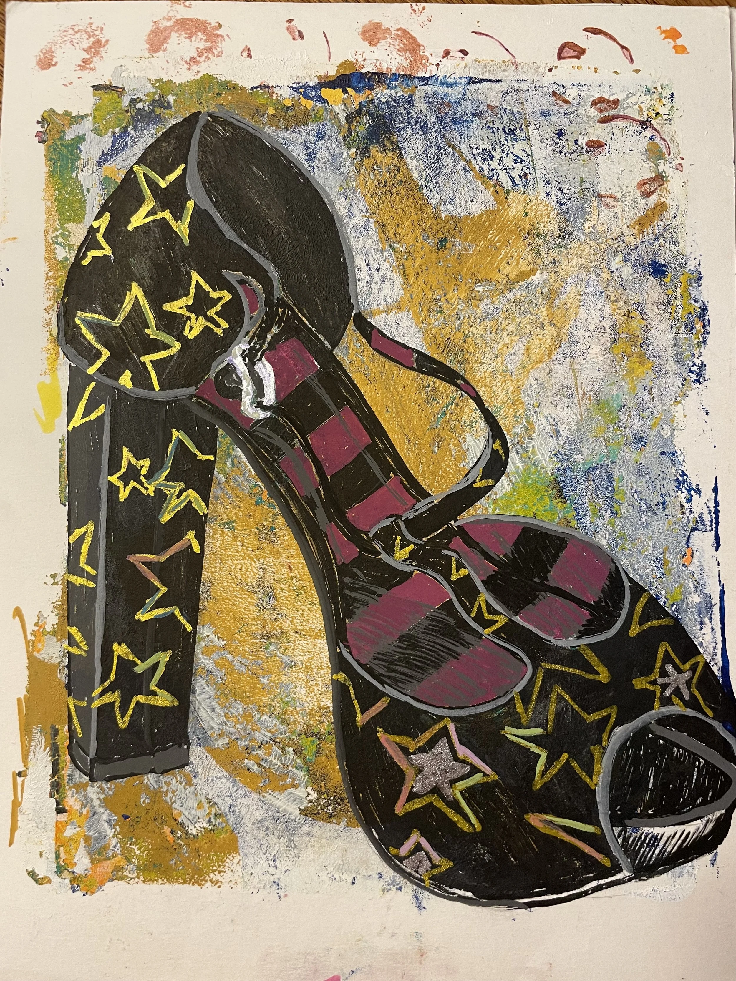 A colorful, abstract painting featuring a large black roller skate with pink and yellow star patterns, against a textured background of blue, yellow, green, and white paints.
