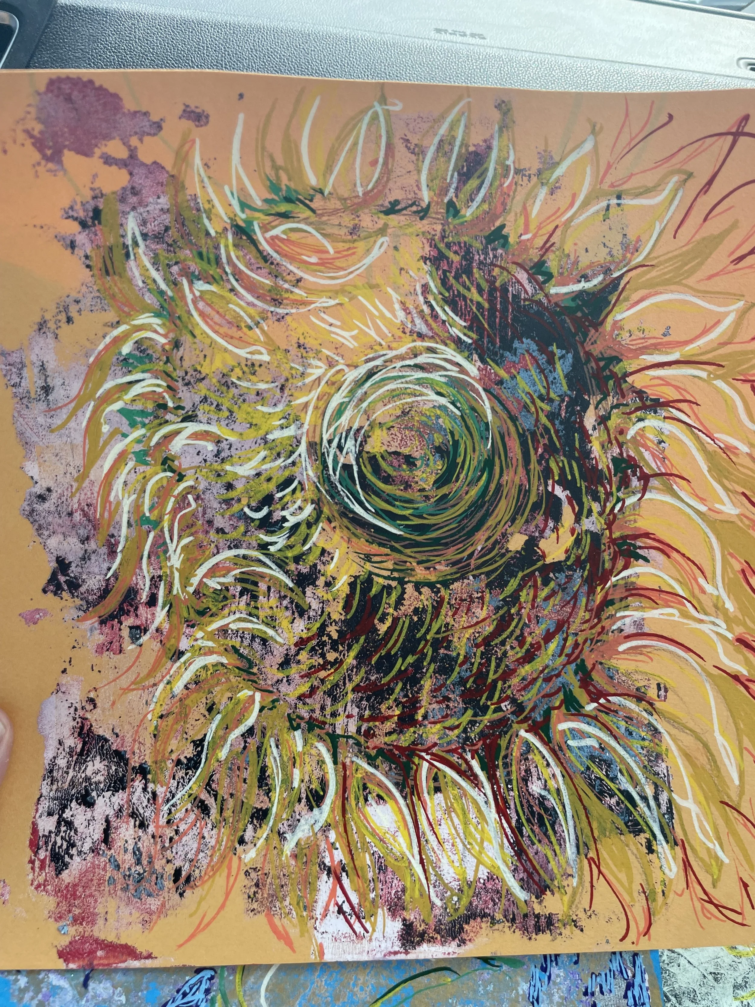 Abstract colorful painting with swirling lines and splashes of paint on a yellow background.