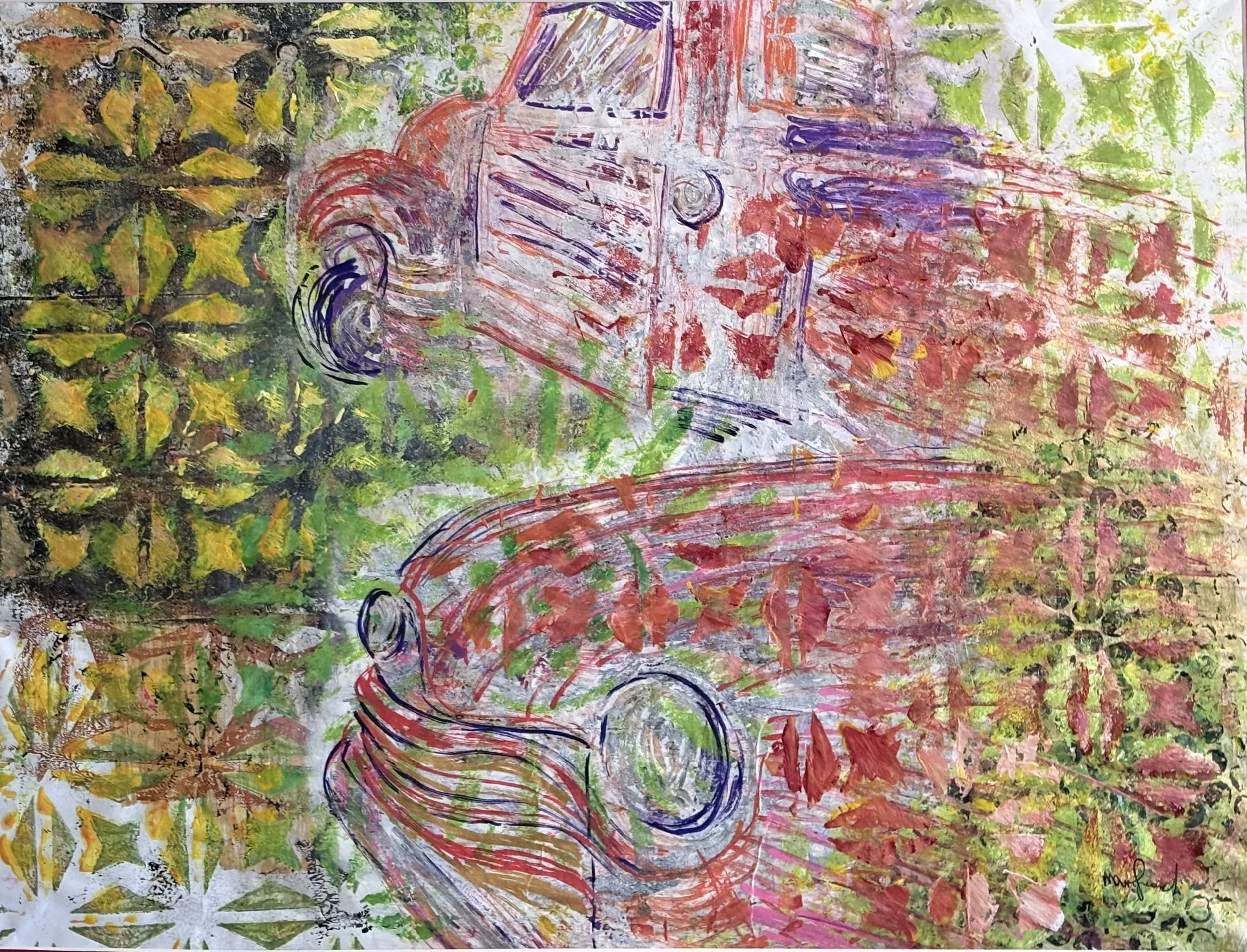 Colorful abstract painting of a convertible car with swirling lines and vibrant colors, surrounded by lush green foliage.
