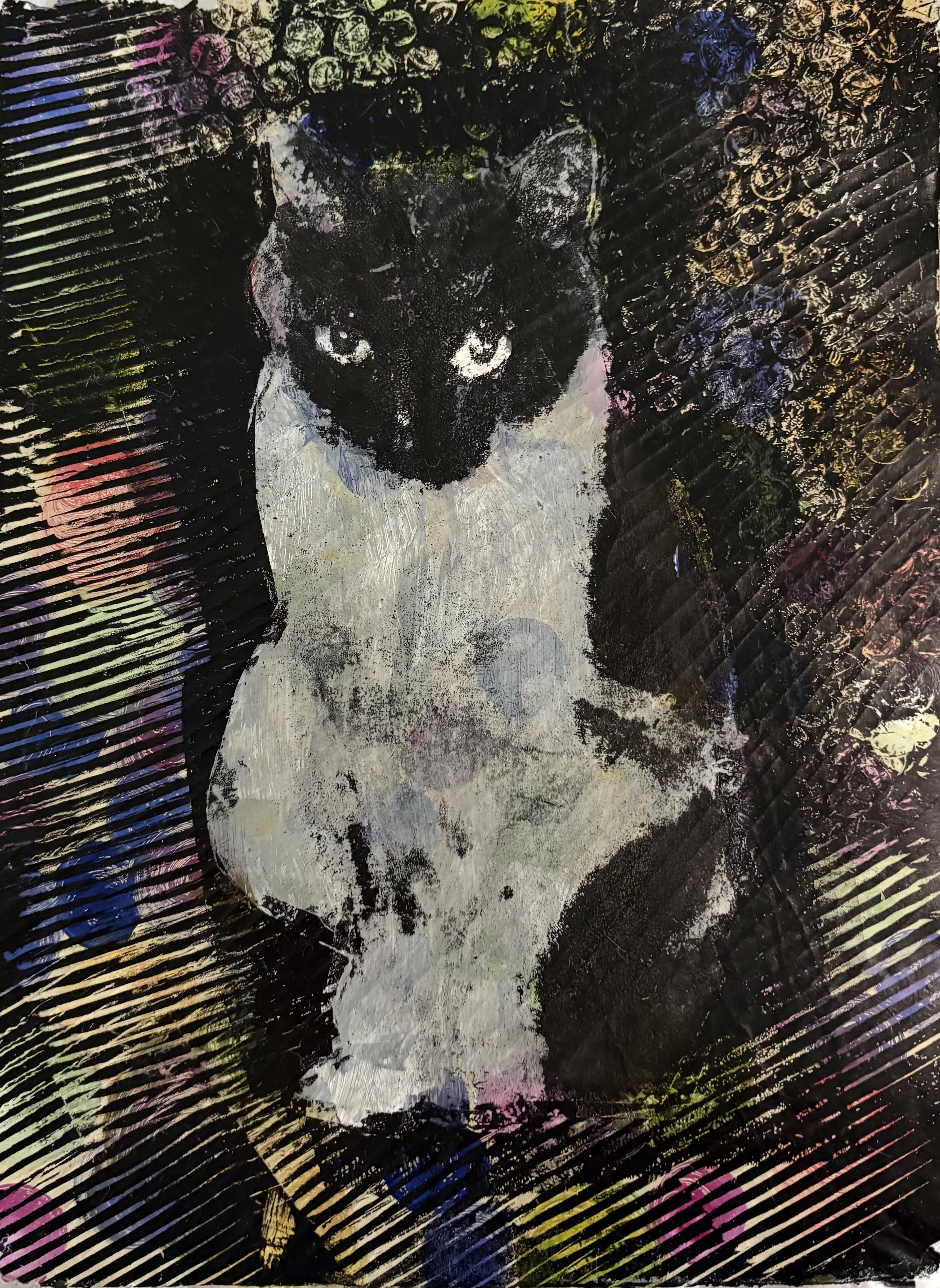 Abstract art featuring a black panther with piercing eyes, surrounded by colorful diagonal lines and textured patterns in black, white, gold, pink, purple, blue, and green.