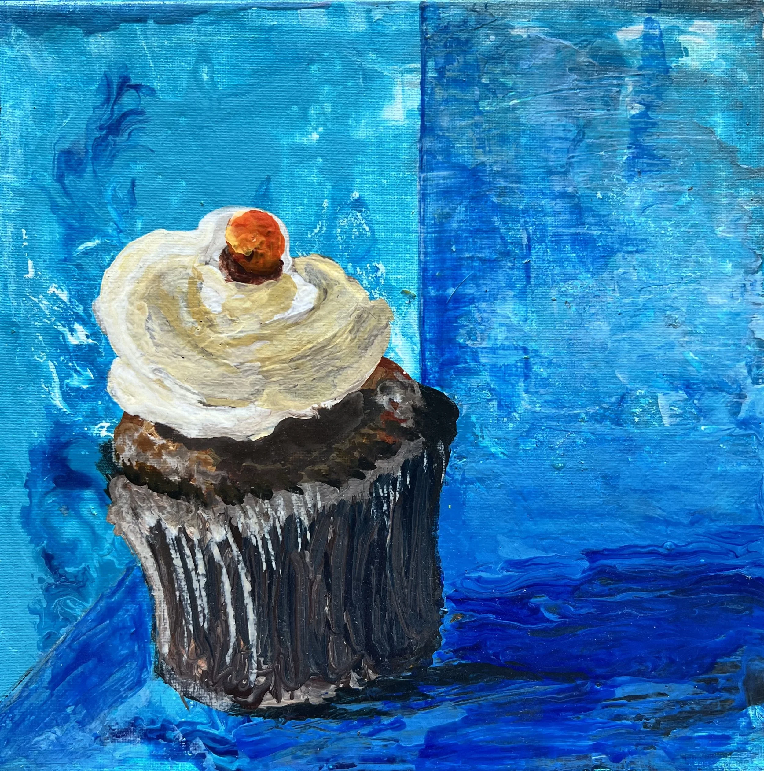 An impressionist-style painting featuring a large fluffy animal, likely a dog or a bear, sitting on a textured surface with a vibrant blue background.