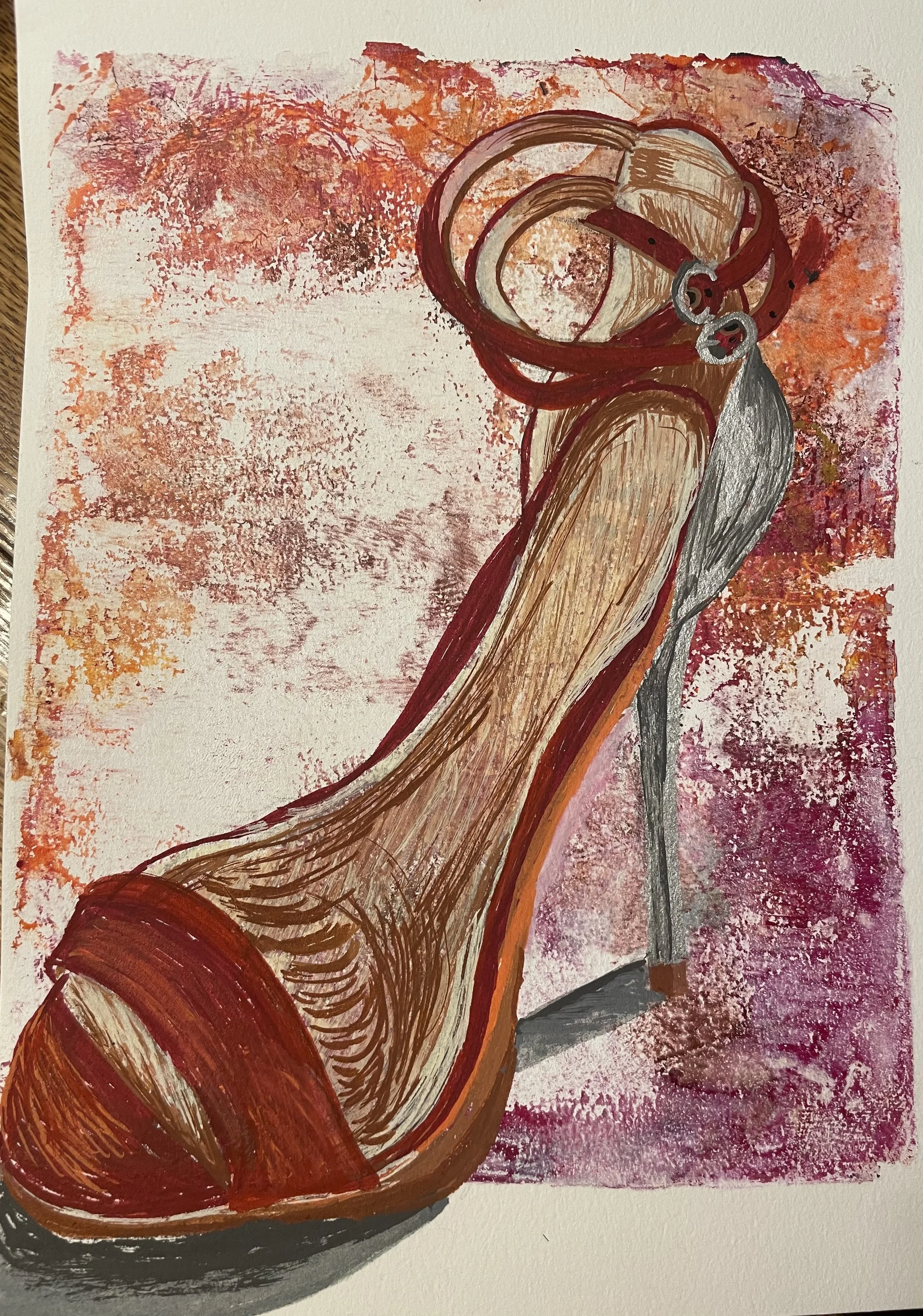 Painting of a high-heeled shoe with a flower pattern, featuring red, brown, and black colors, set against a textured pink and orange background.