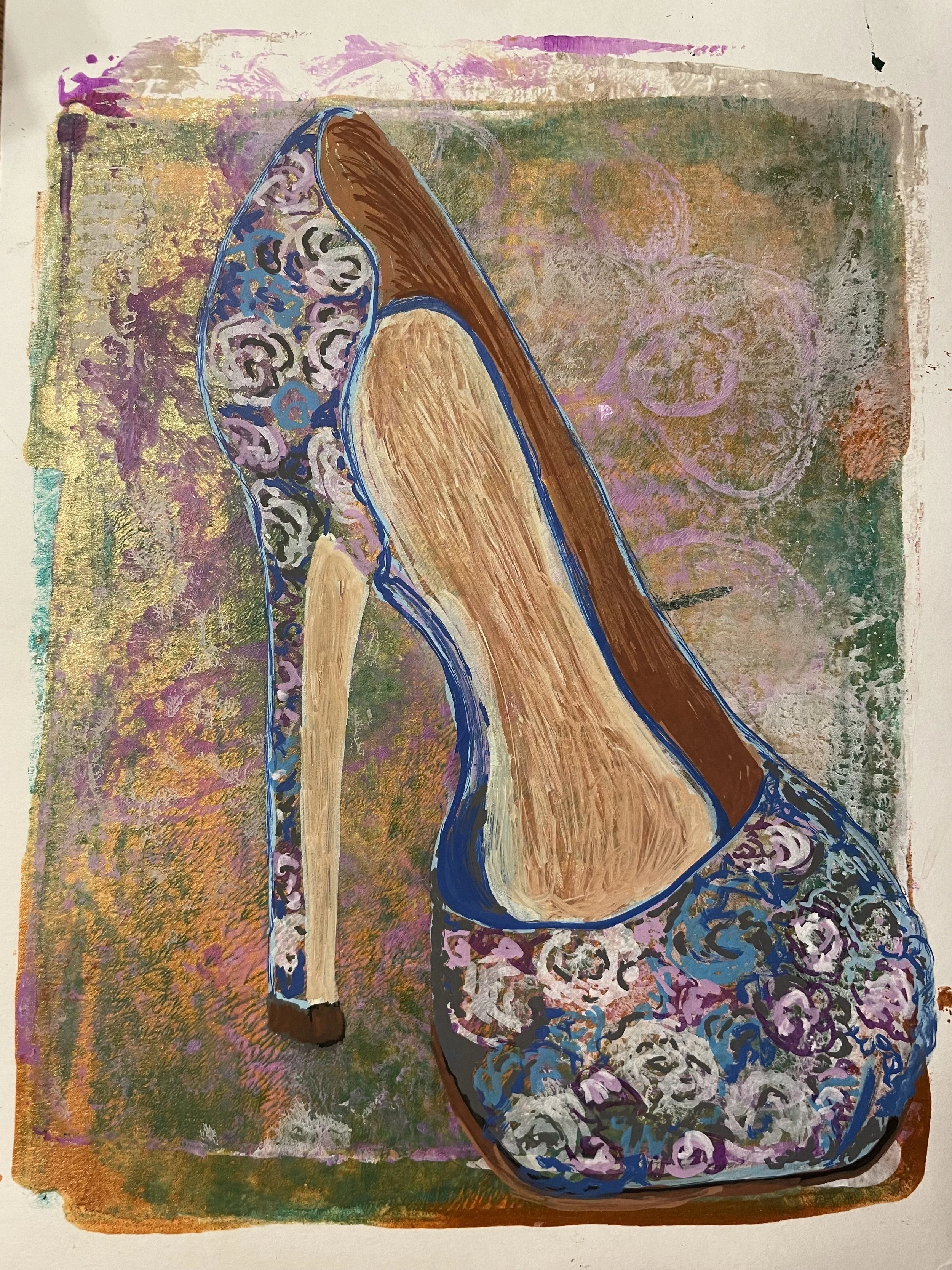 An abstract painting of a woman sitting with her head bowed, surrounded by colorful, textured backgrounds and floral patterns.