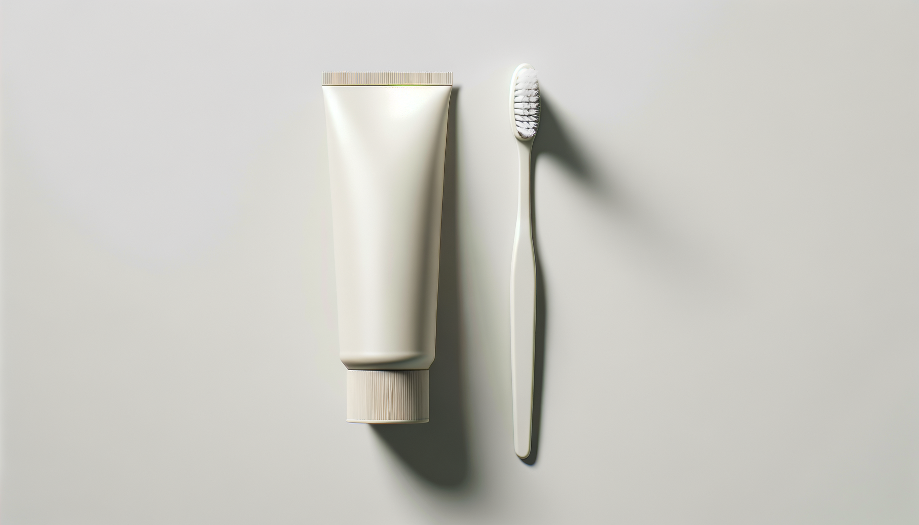A beige tube of cream or lotion and a white toothbrush with white bristles on a light gray background.