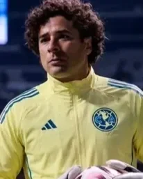 Soccer player in yellow jersey with blue emblem, holding gloves, standing on the field.