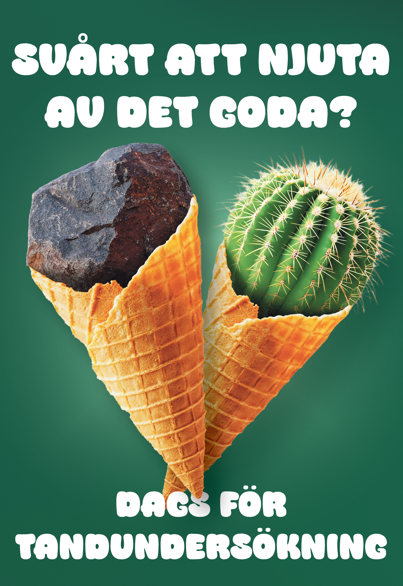 Texten 'Sött att njuta av det goda?' samt en glassinlaga med ett svart isbitar, ett grön kaktus, båda i ett våffelhölje på en grön bakgrund.