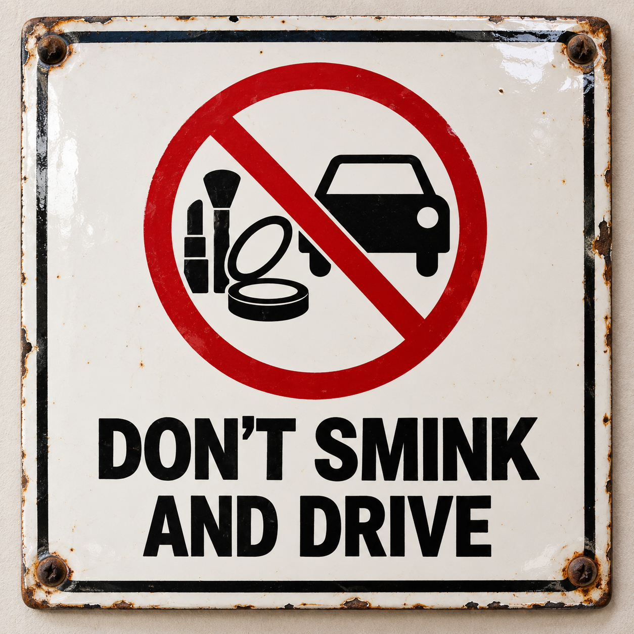 En skylt som förbjuder att röka och använda snus eller tobak, med texten 'DON'T SMINK AND DRIVE'.