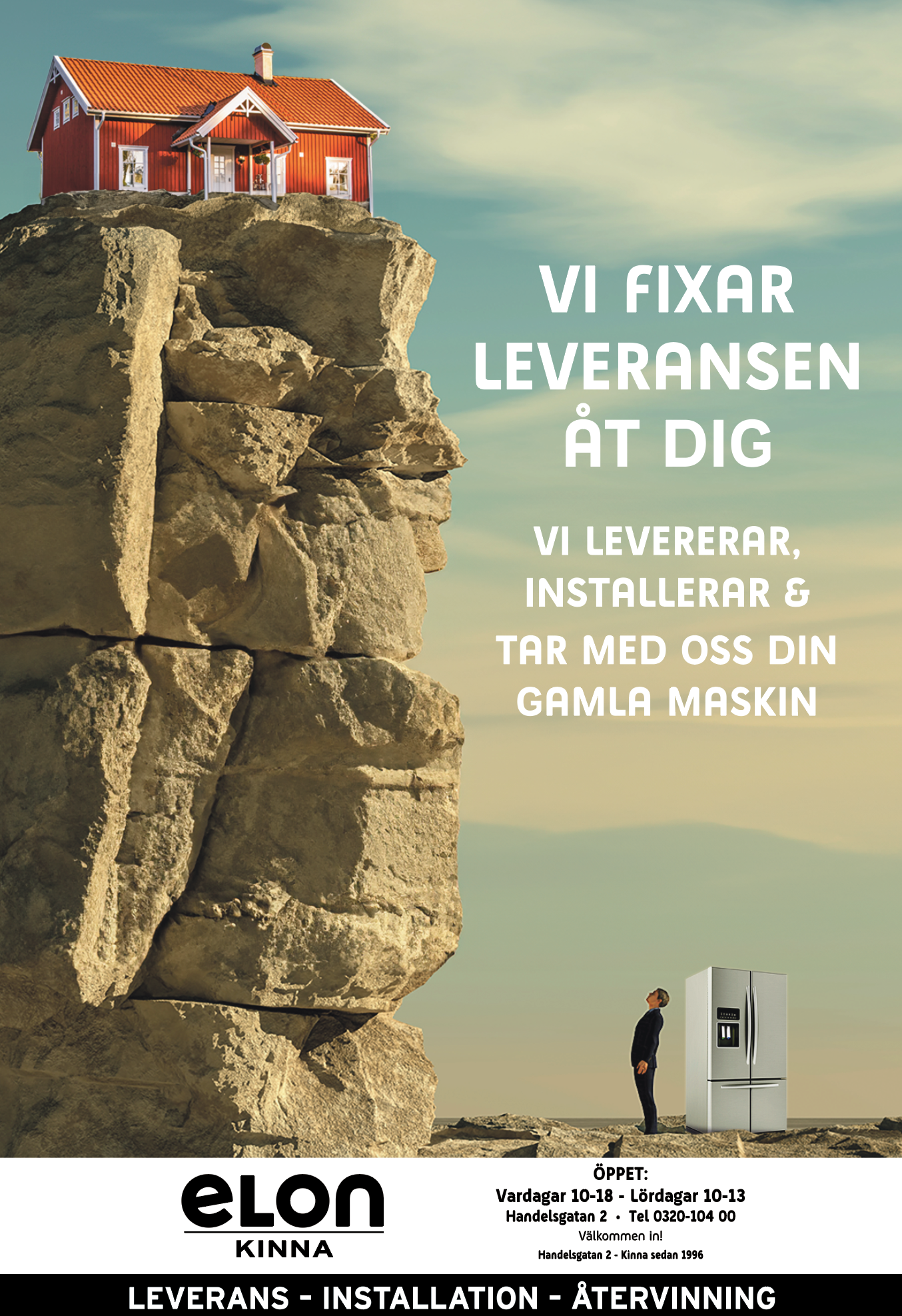 En bild av ett stort stenblock med ett litet radhus på toppen. Texten i bilden är på svenska och handlar om leverans, installation och återvinning av kylskåp. Det finns ett kvinnoikon längst ner till vänster och ett kylskåp längst ner till höger.