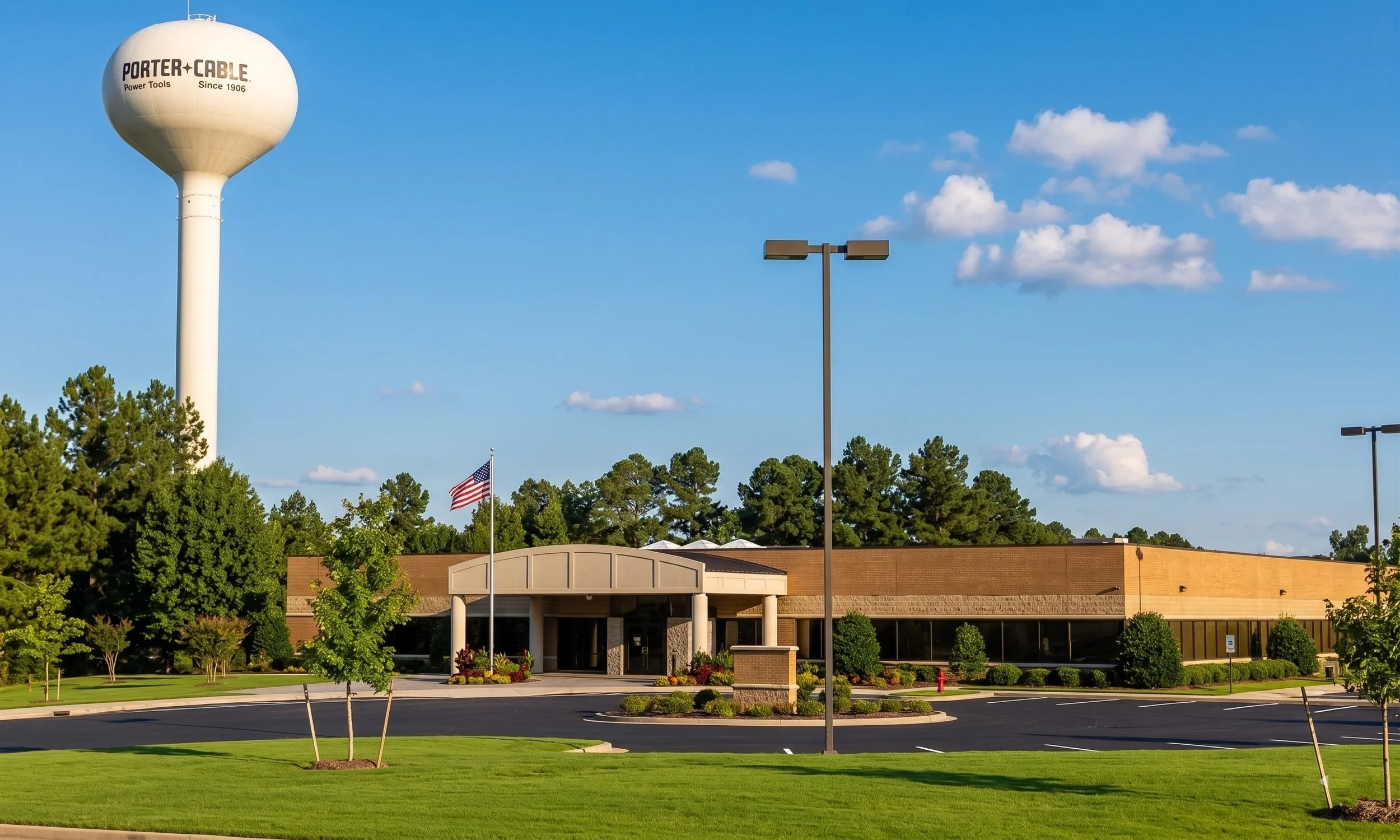 A building with a flat roof and an arched entrance, surrounded by a well-maintained parking lot, trees, and landscaped bushes. A water tower labeled 'PORTER CABLE Power Tools Since 1906' stands in the background, along with a flagpole displaying the 