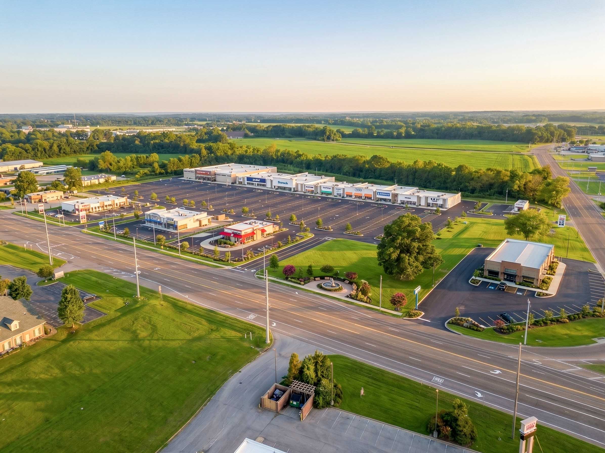 A large parking lot in front of a shopping mall with stores and visible signage, surrounded by green trees and open fields in the background, under a clear sky.